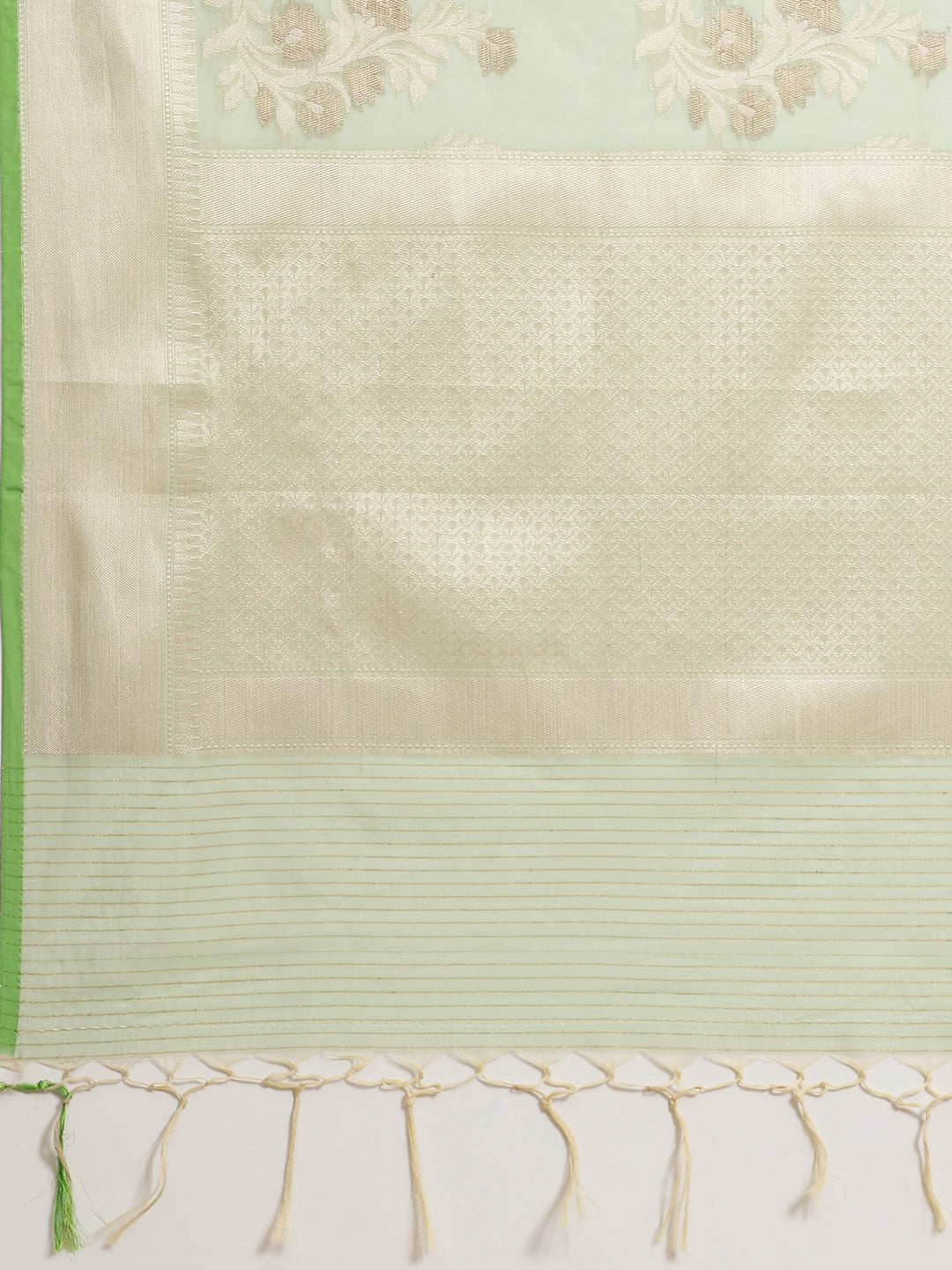 Faishana Presents Handwoven Pistachio Masrise Cotton Alfi Boota Zari Border With Pistachio Blouse Banarasi Saree