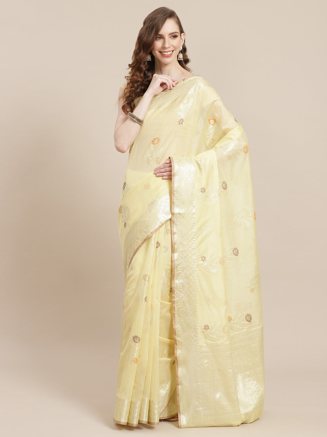 Faishana Presents Handwoven Beige Masrise Cotton Tilfi Boota Zari Border With Cheeku Color Blouse Banarasi Saree