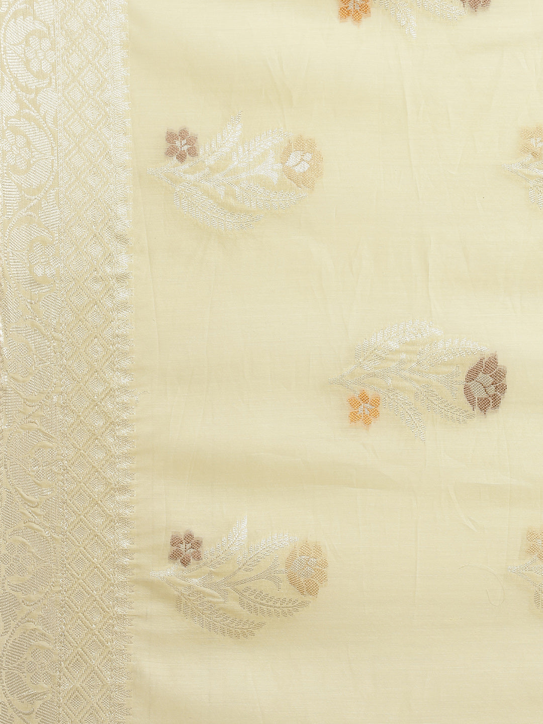 Faishana Presents Handwoven Beige Masrise Cotton Tilfi Boota Zari Border With Cheeku Color Blouse Banarasi Saree