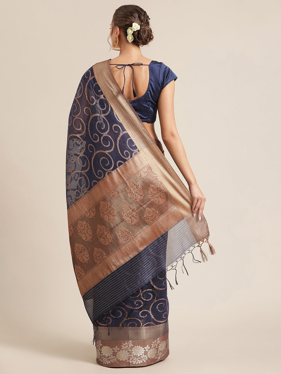 Faishana Presents Handwoven Blue Masrise Cotton Jaal Alfi Skirt Border With Cheeku Color Blouse Banarasi Saree