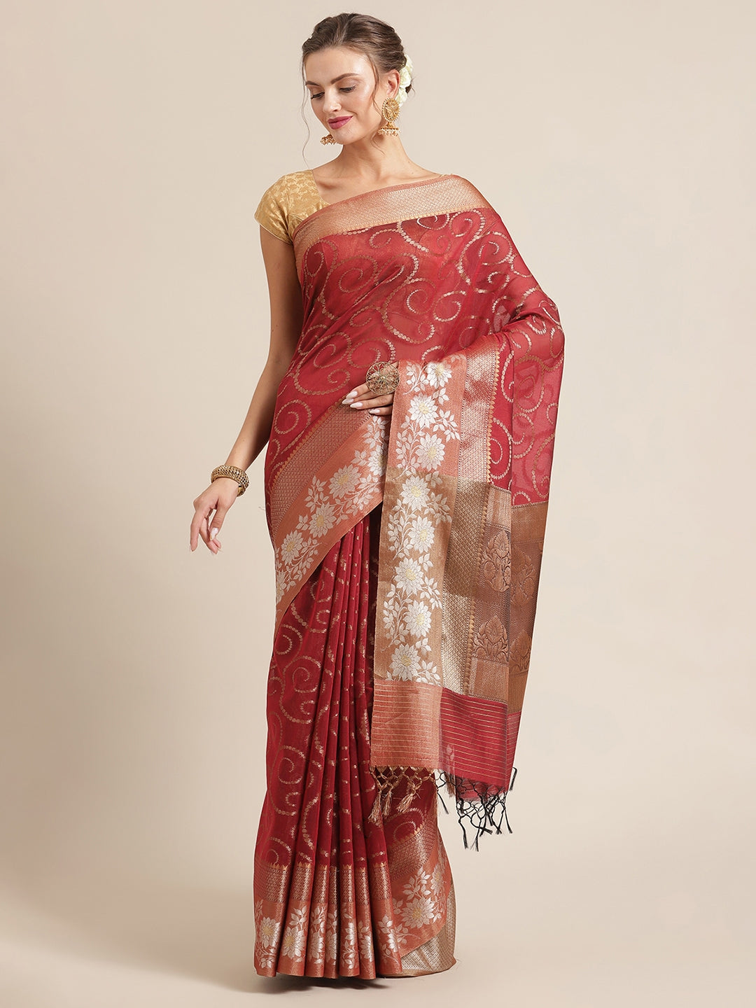 Faishana Presents Handwoven Red Masrise Cotton Jaal Alfi Skirt Border With Brown Blouse Banarasi Saree 