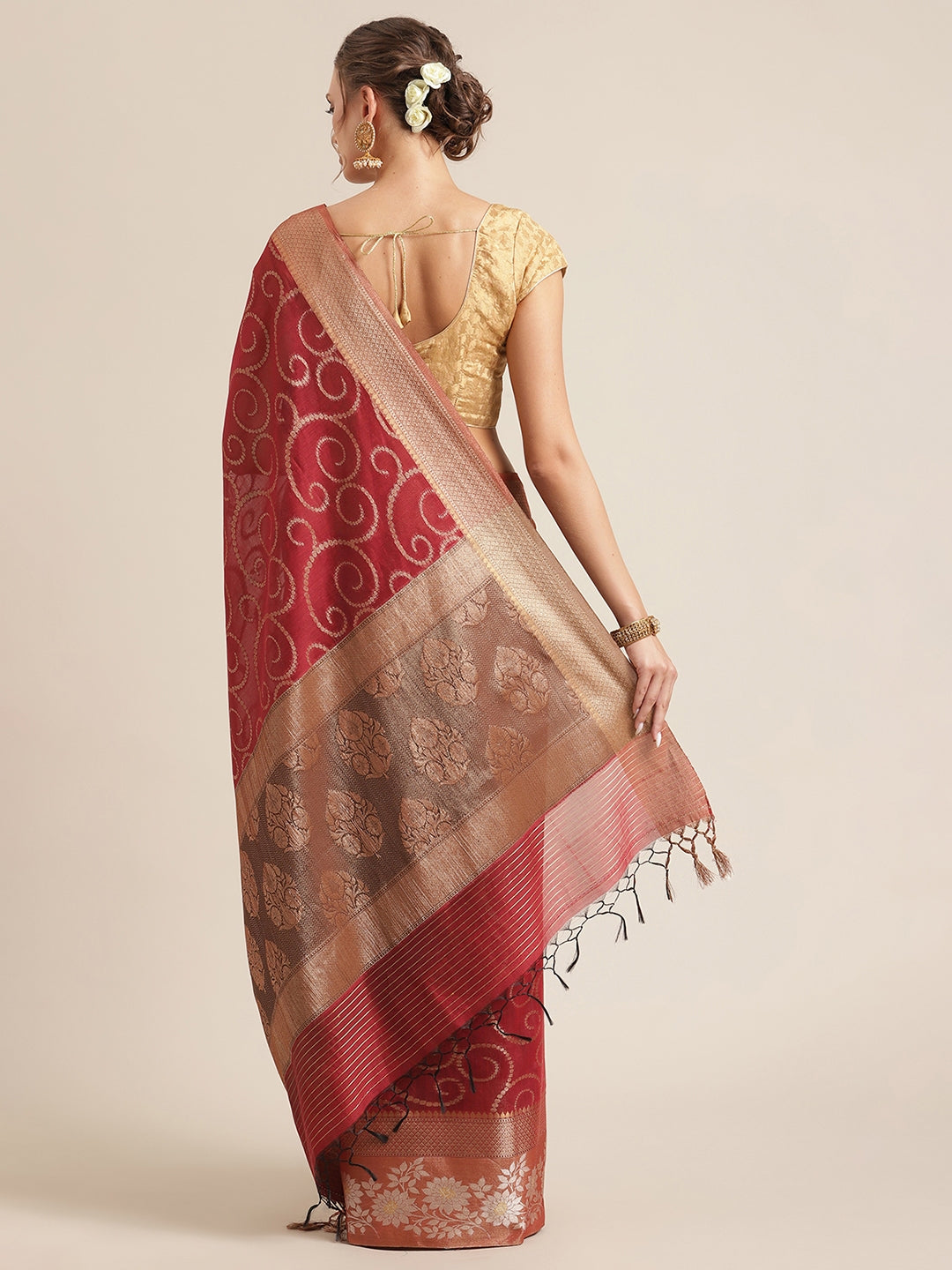 Faishana Presents Handwoven Red Masrise Cotton Jaal Alfi Skirt Border With Brown Blouse Banarasi Saree 