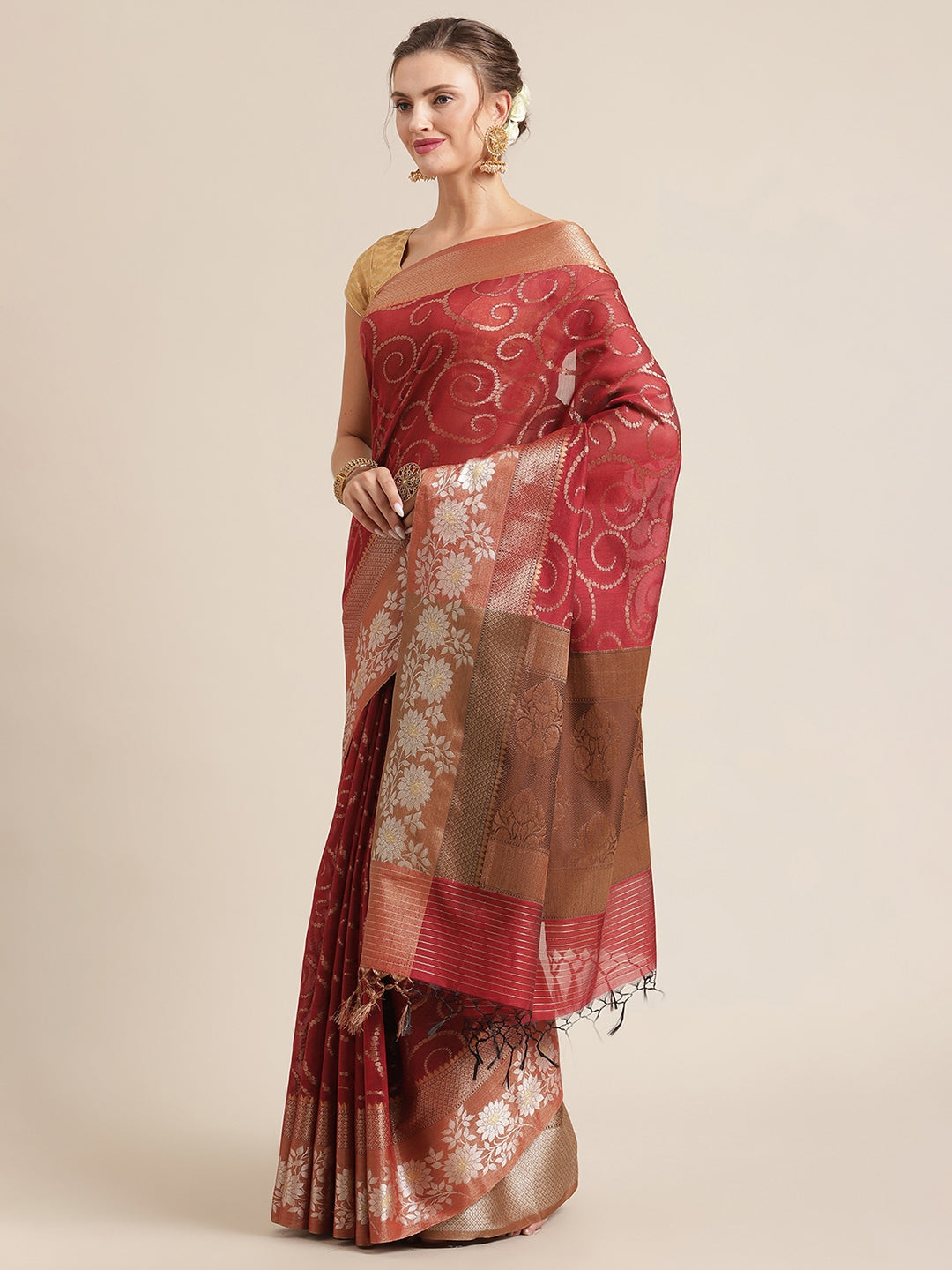 Faishana Presents Handwoven Red Masrise Cotton Jaal Alfi Skirt Border With Brown Blouse Banarasi Saree 