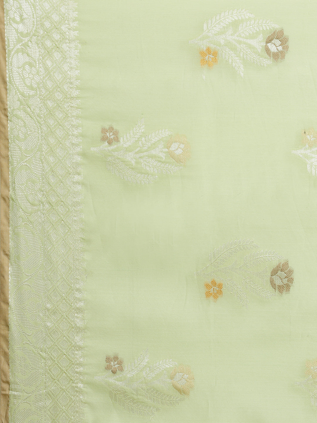 Faishana Presents Handwoven Pistachio Masrise Cotton Tilfi Boota Zari Border With Pista Green Blouse Banarasi Saree