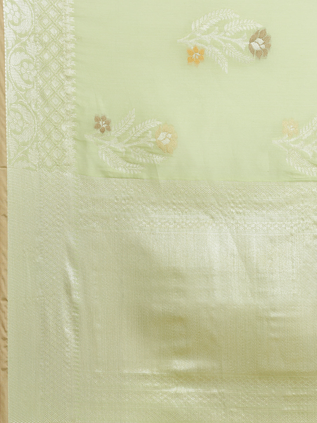 Faishana Presents Handwoven Pistachio Masrise Cotton Tilfi Boota Zari Border With Pista Green Blouse Banarasi Saree
