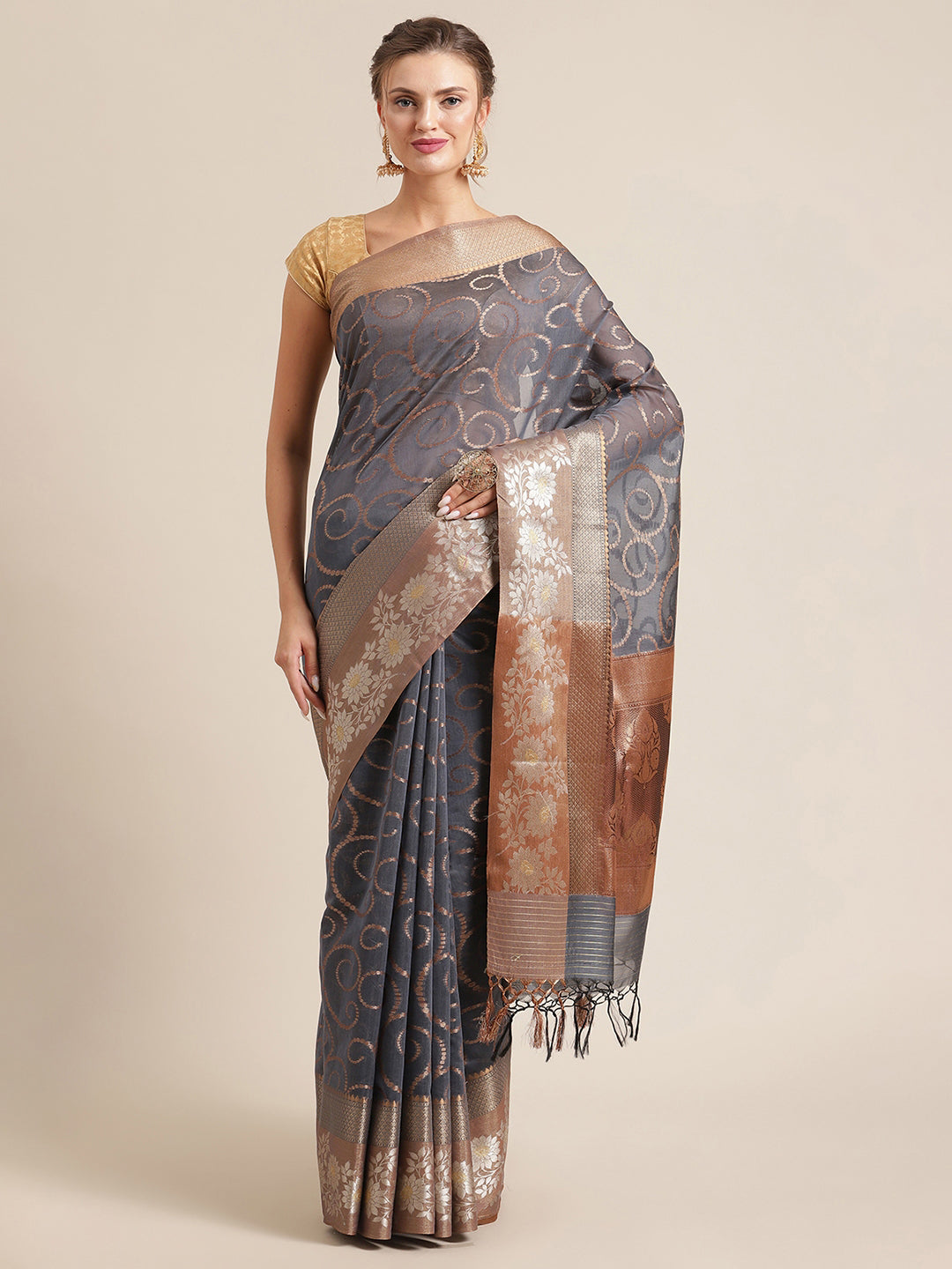Faishana Presents Handwoven Grey Masrise Cotton Jaal Alfi Skirt Border With Brown Blouse Banarasi Saree