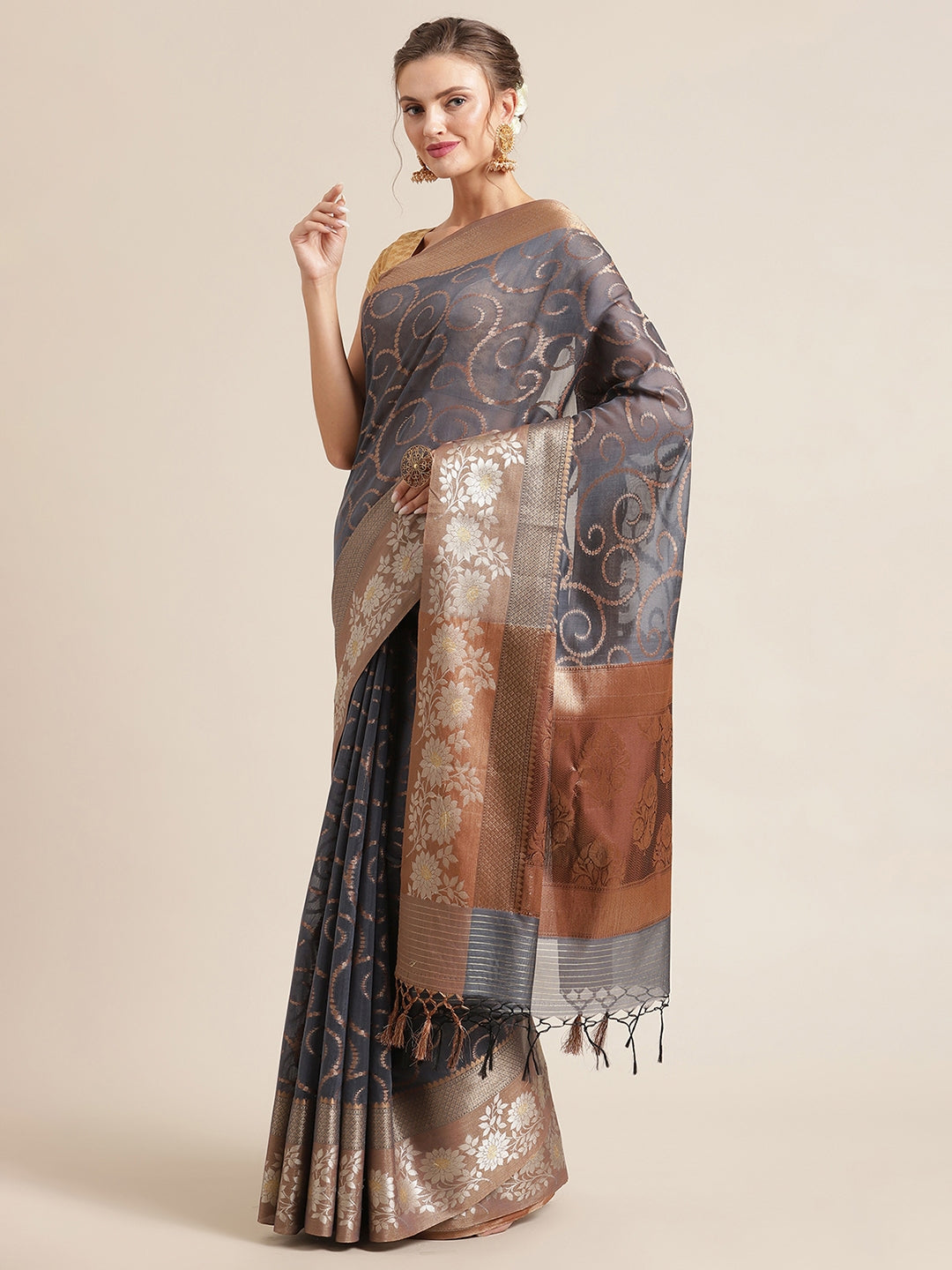 Faishana Presents Handwoven Grey Masrise Cotton Jaal Alfi Skirt Border With Brown Blouse Banarasi Saree