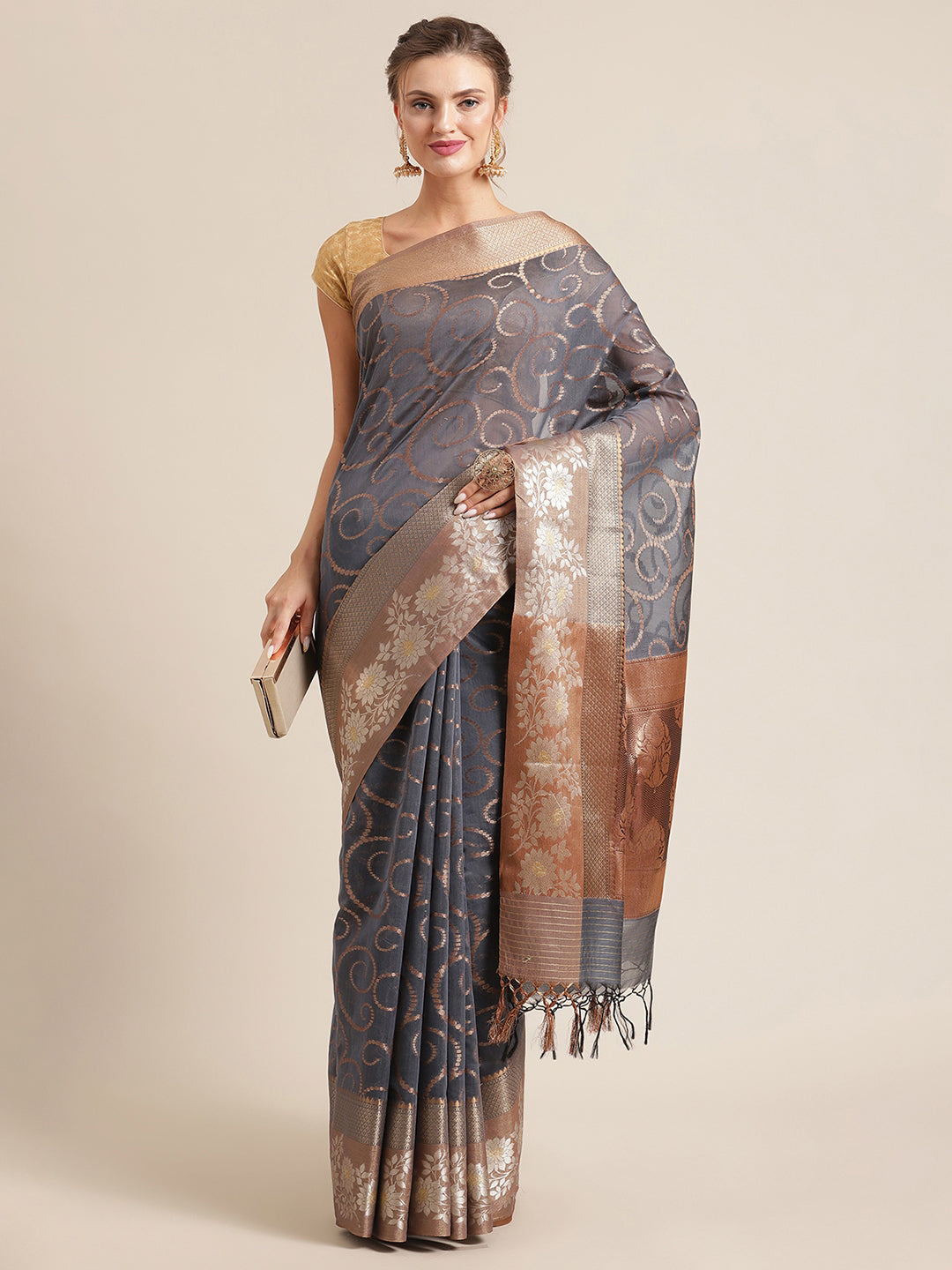 Grey Mercerise Cotton Banarasi Sarees For Women GEMSWRTCN_220