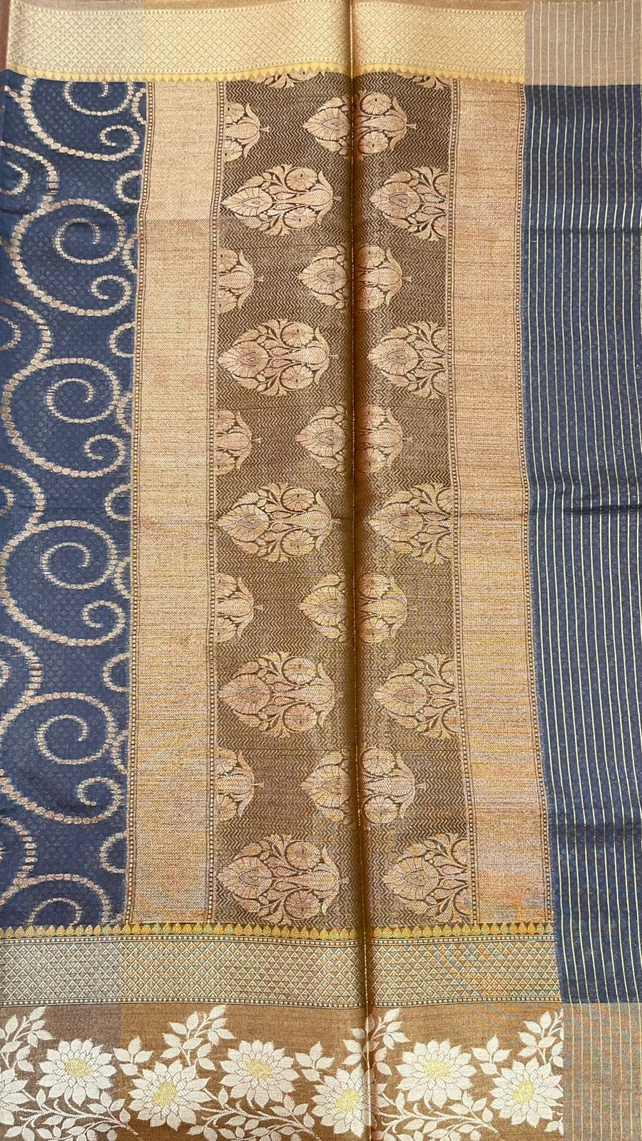 Faishana Presents Handwoven Grey Masrise Cotton Jaal Alfi Skirt Border With Brown Blouse Banarasi Saree