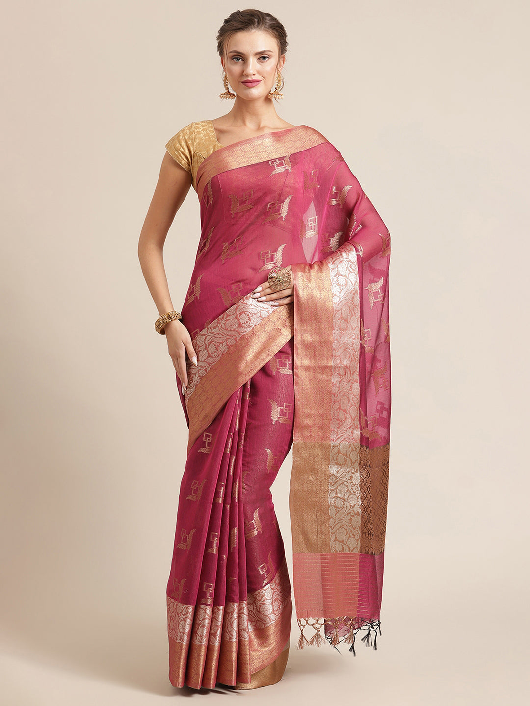 Faishana Presents Handwoven Magenta Masrise Cotton Boota Skirt Border With Cheeku Color Blouse Banarasi Saree