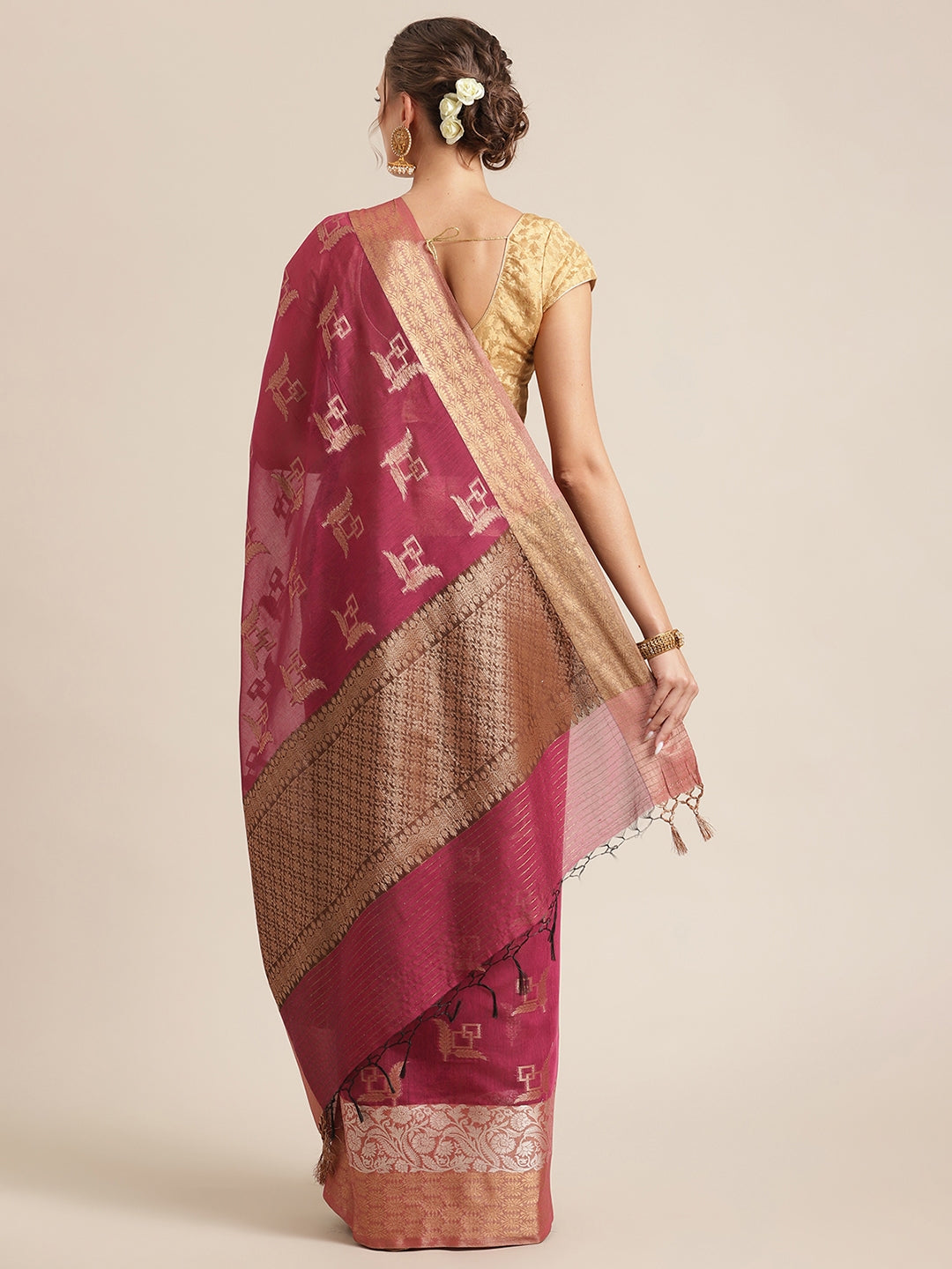 Faishana Presents Handwoven Magenta Masrise Cotton Boota Skirt Border With Cheeku Color Blouse Banarasi Saree