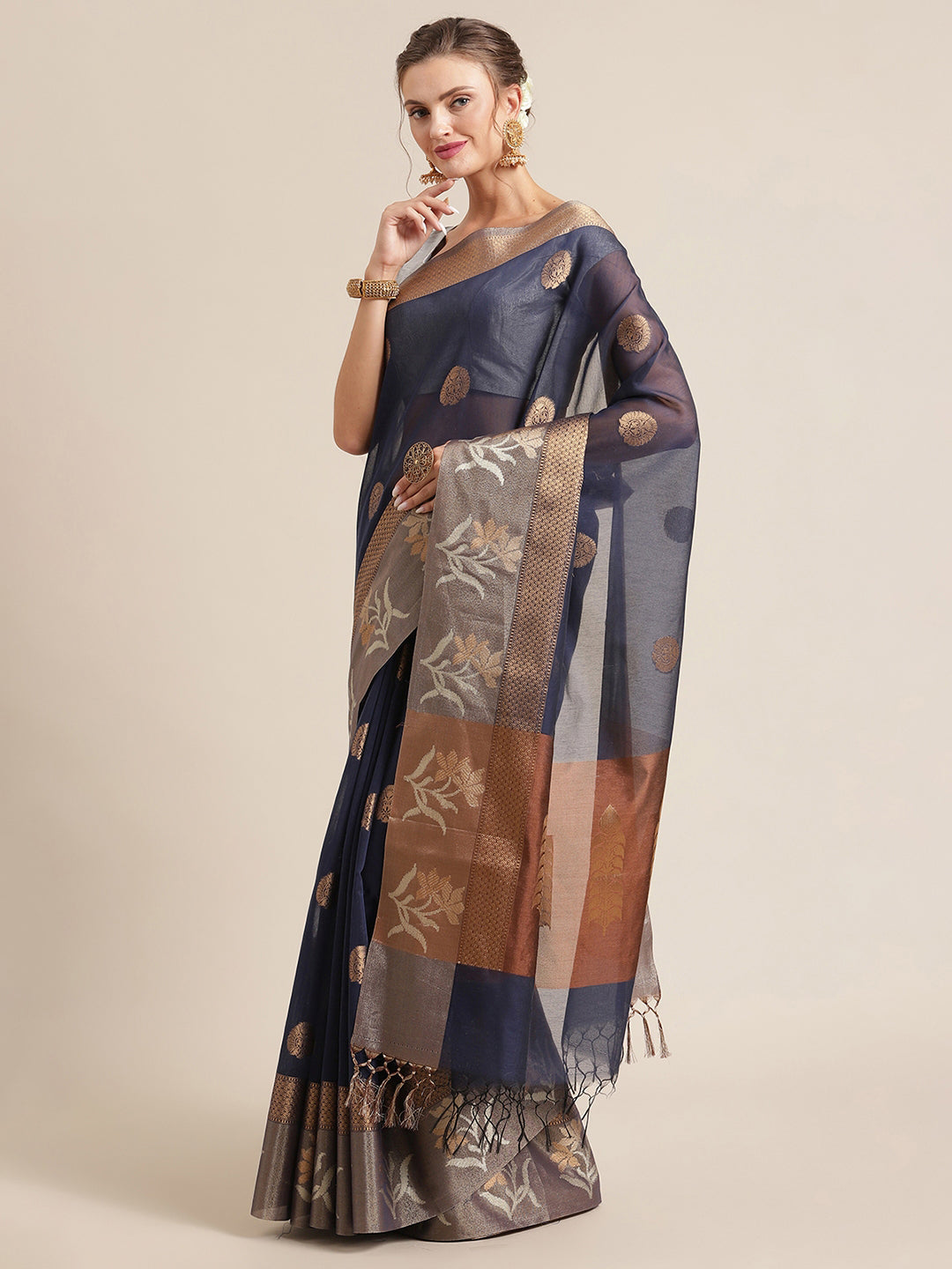 Faishana Presents Handwoven Blue Masrise Cotton Alfi Skirt Border With Brown Blouse Banarasi Saree