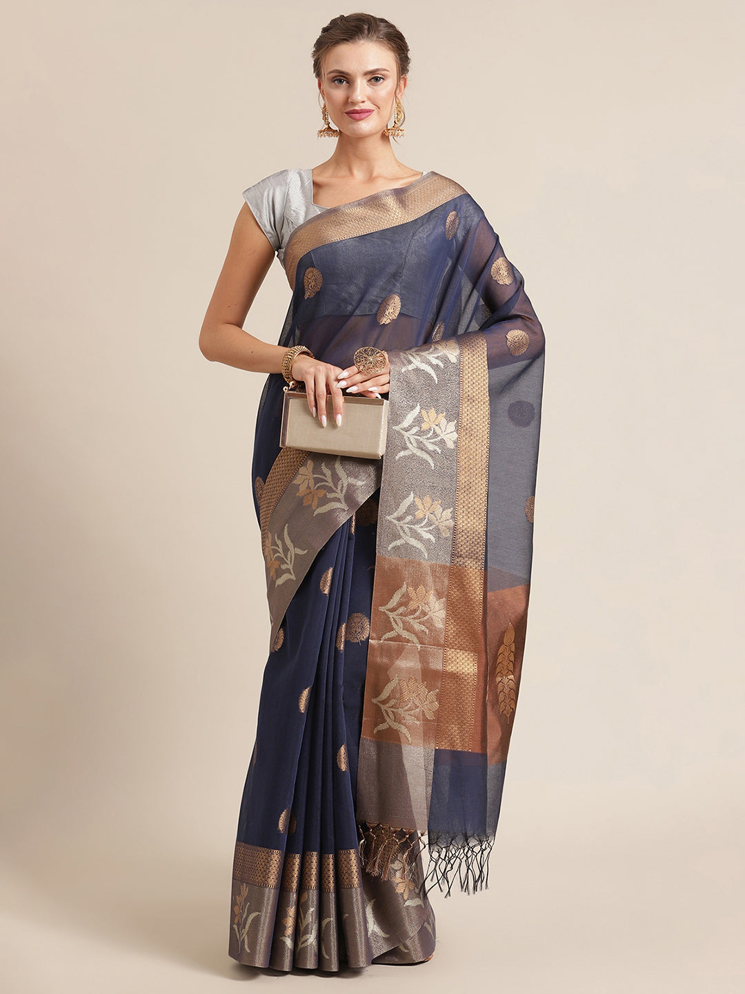 Faishana Presents Handwoven Blue Masrise Cotton Alfi Skirt Border With Brown Blouse Banarasi Saree