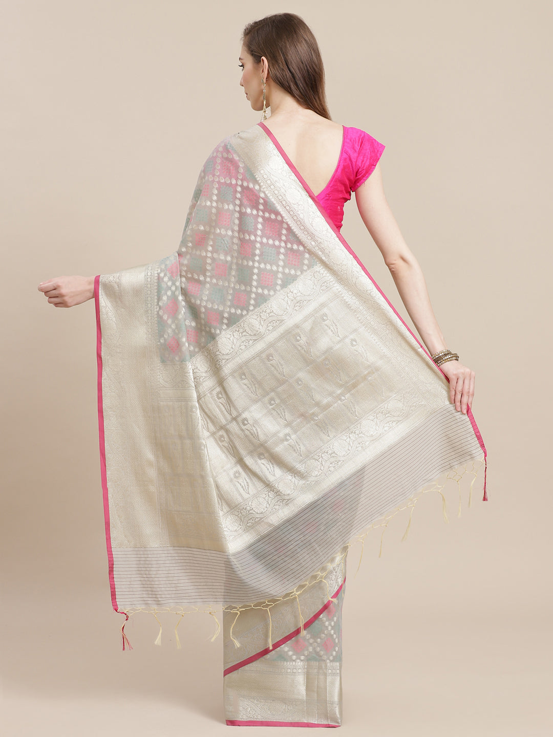 Faishana Presents Handwoven Grey Masrise Cotton Tilfi Skirt Border With Grey Blouse Banarasi Saree