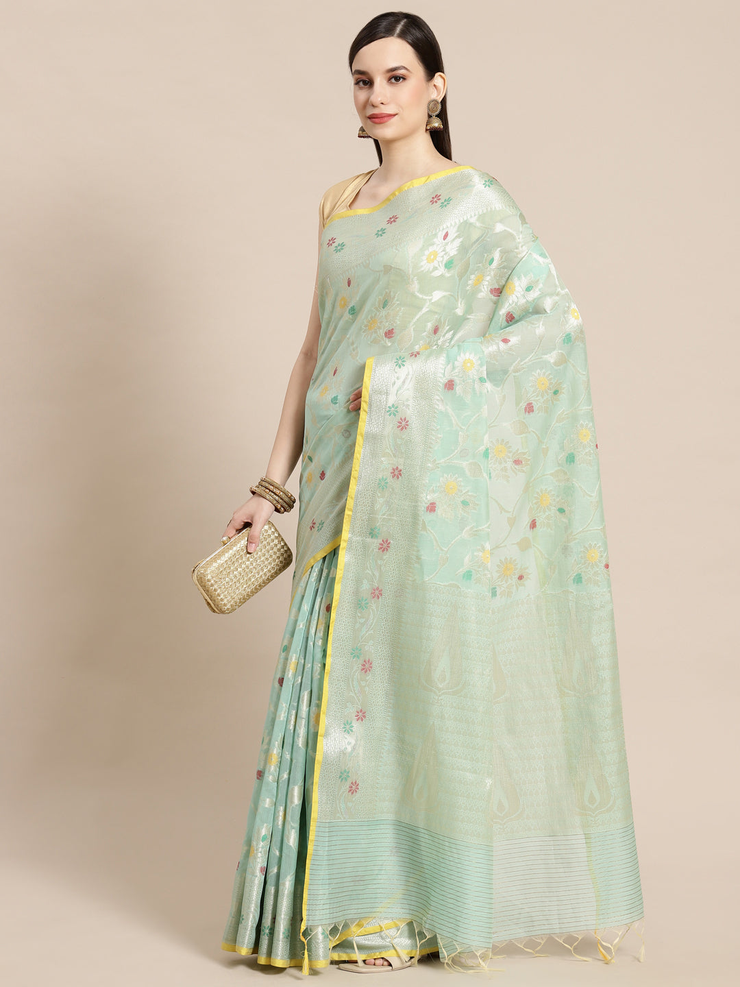 Faishana Presents Handwoven Seagreen Masrise Cotton Tilfi Jaal Skirt Border With Seagreen Blouse Banarasi Saree