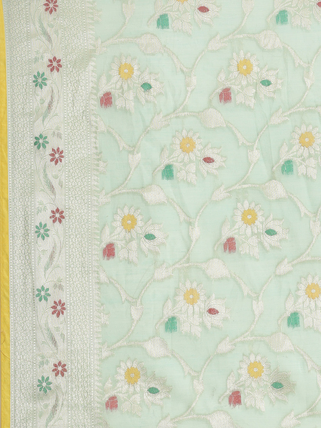 Faishana Presents Handwoven Seagreen Masrise Cotton Tilfi Jaal Skirt Border With Seagreen Blouse Banarasi Saree