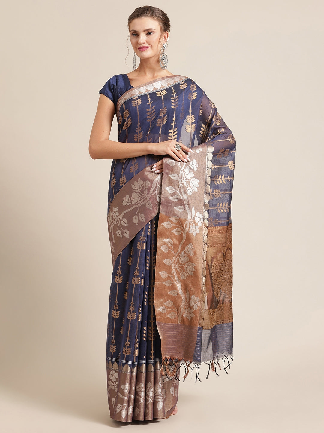 Faishana Presents Handwoven Blue Masrise Cotton Strip Jaal Skirt Border With Cheeku Color Blouse Banarasi Saree