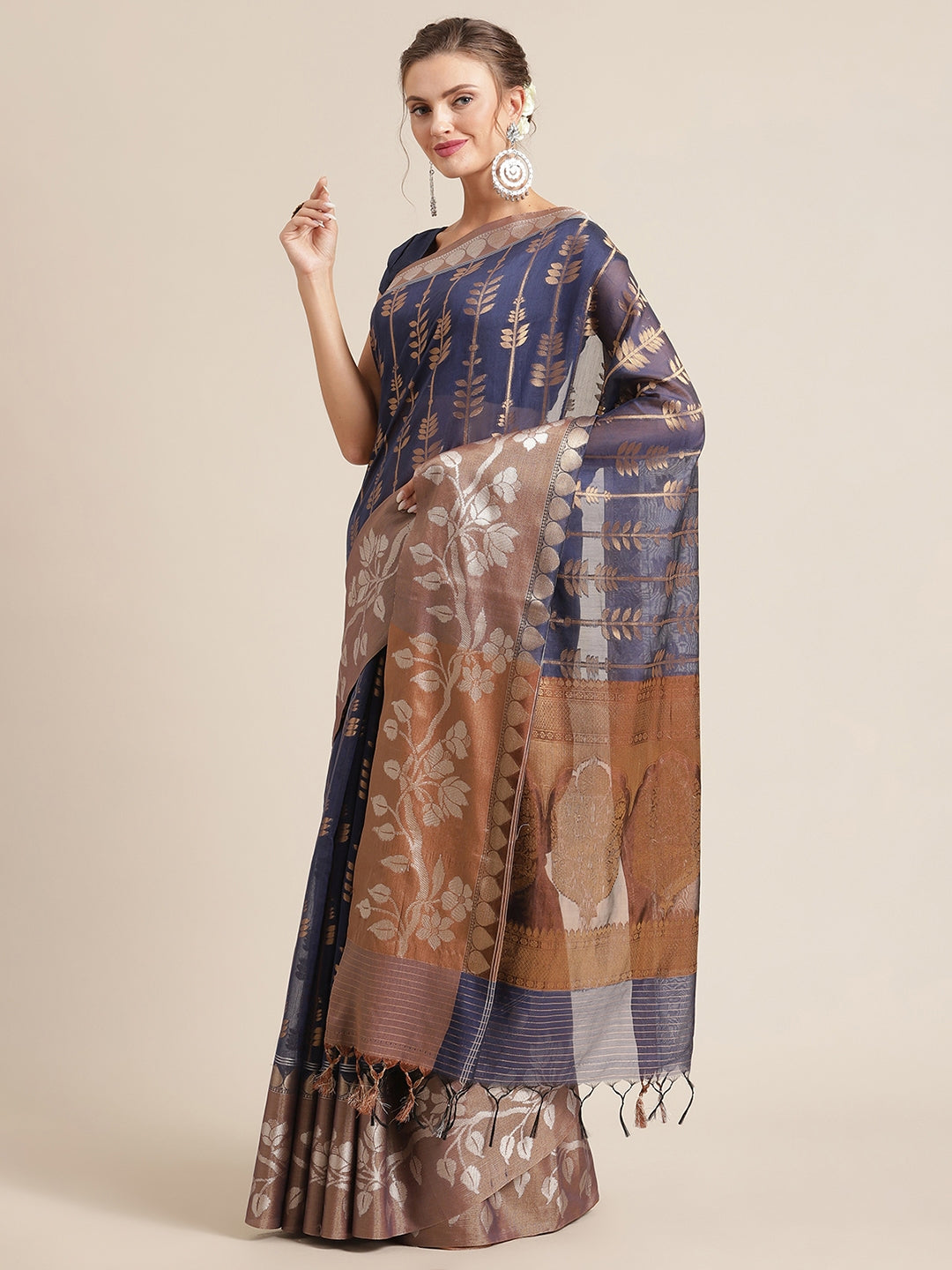 Faishana Presents Handwoven Blue Masrise Cotton Strip Jaal Skirt Border With Cheeku Color Blouse Banarasi Saree