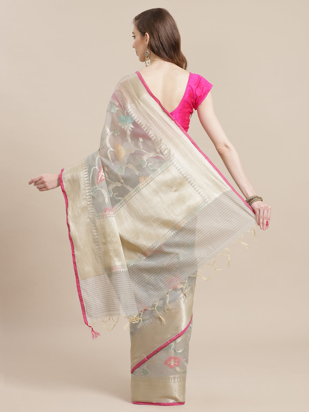 Faishana Presents Handwoven Grey Masrise Cotton Tilfi Jaal Zari Border With Grey Blouse Banarasi Saree