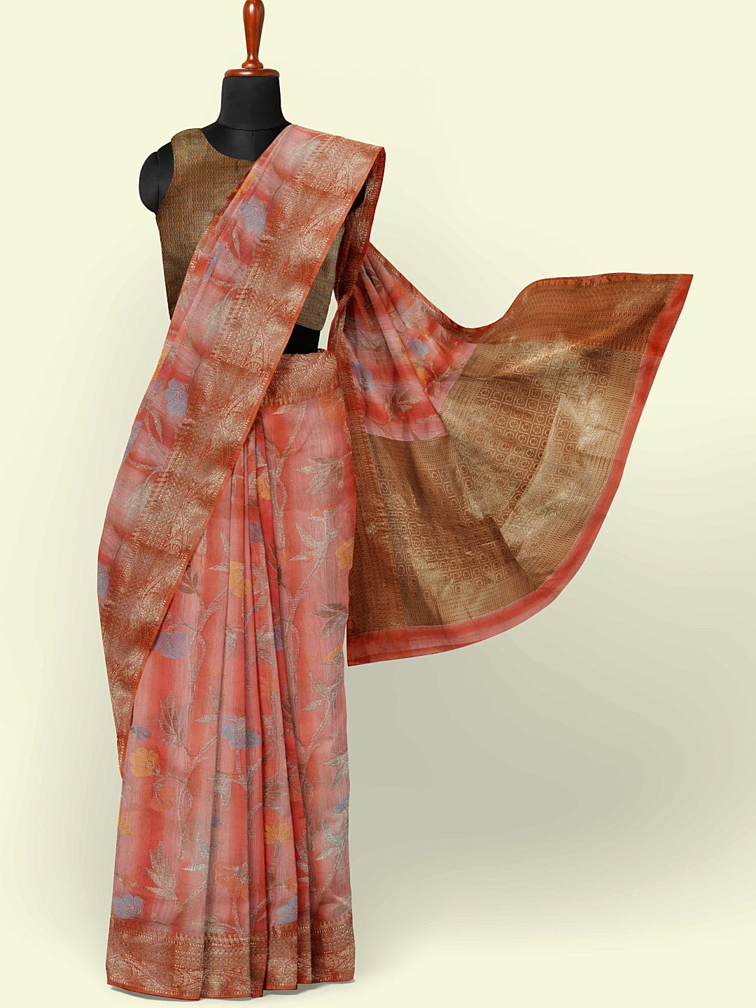 Faishana Presents Woven Peach Matka Silk Tilfi Jaal Zari Border With Brown Blouse Banarasi Saree