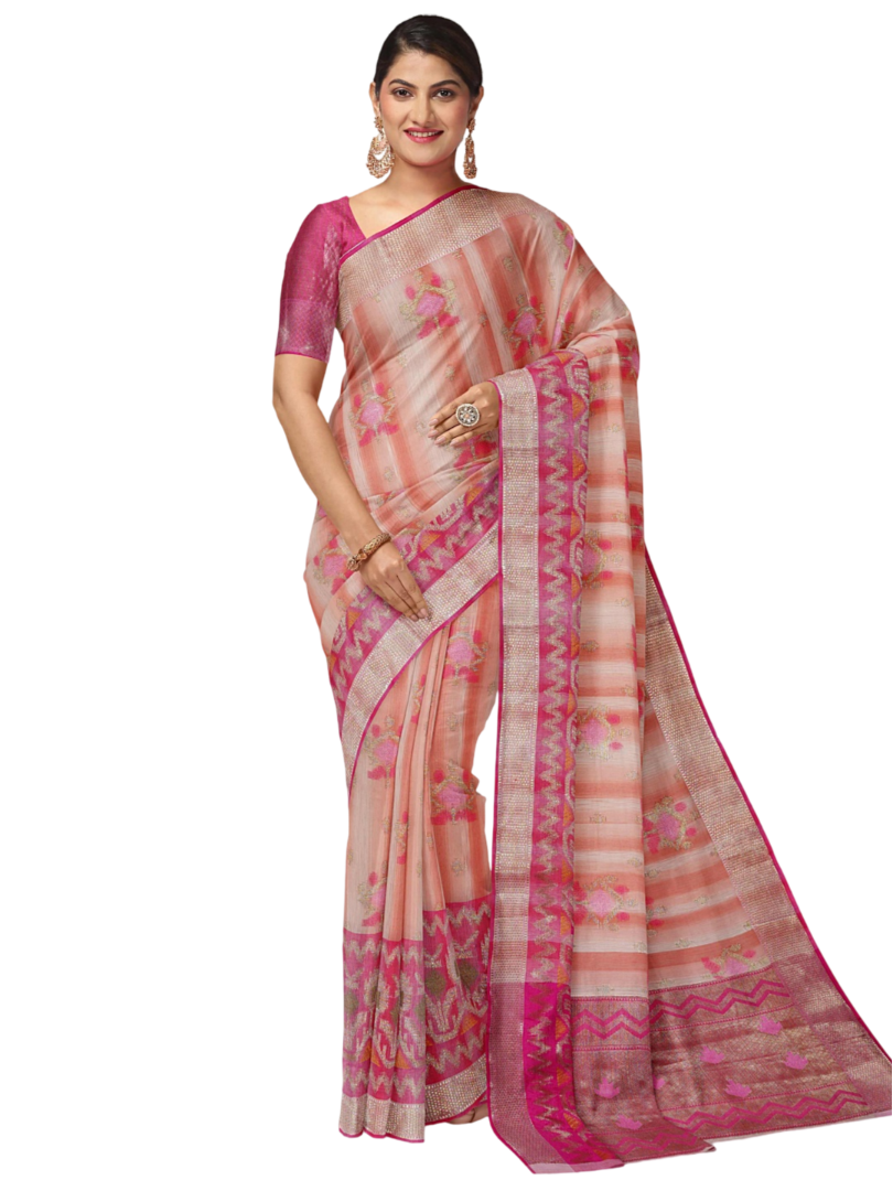 Faishana Presents Woven Peach Matka Silk Booti Skirt Border With Pink Blouse Banarasi Saree