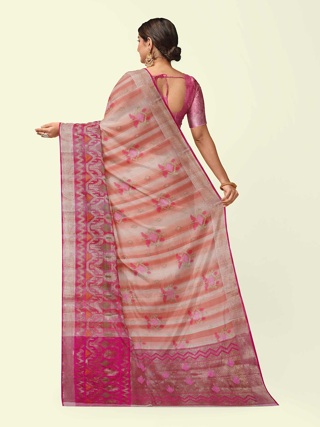 Faishana Presents Woven Peach Matka Silk Booti Skirt Border With Pink Blouse Banarasi Saree