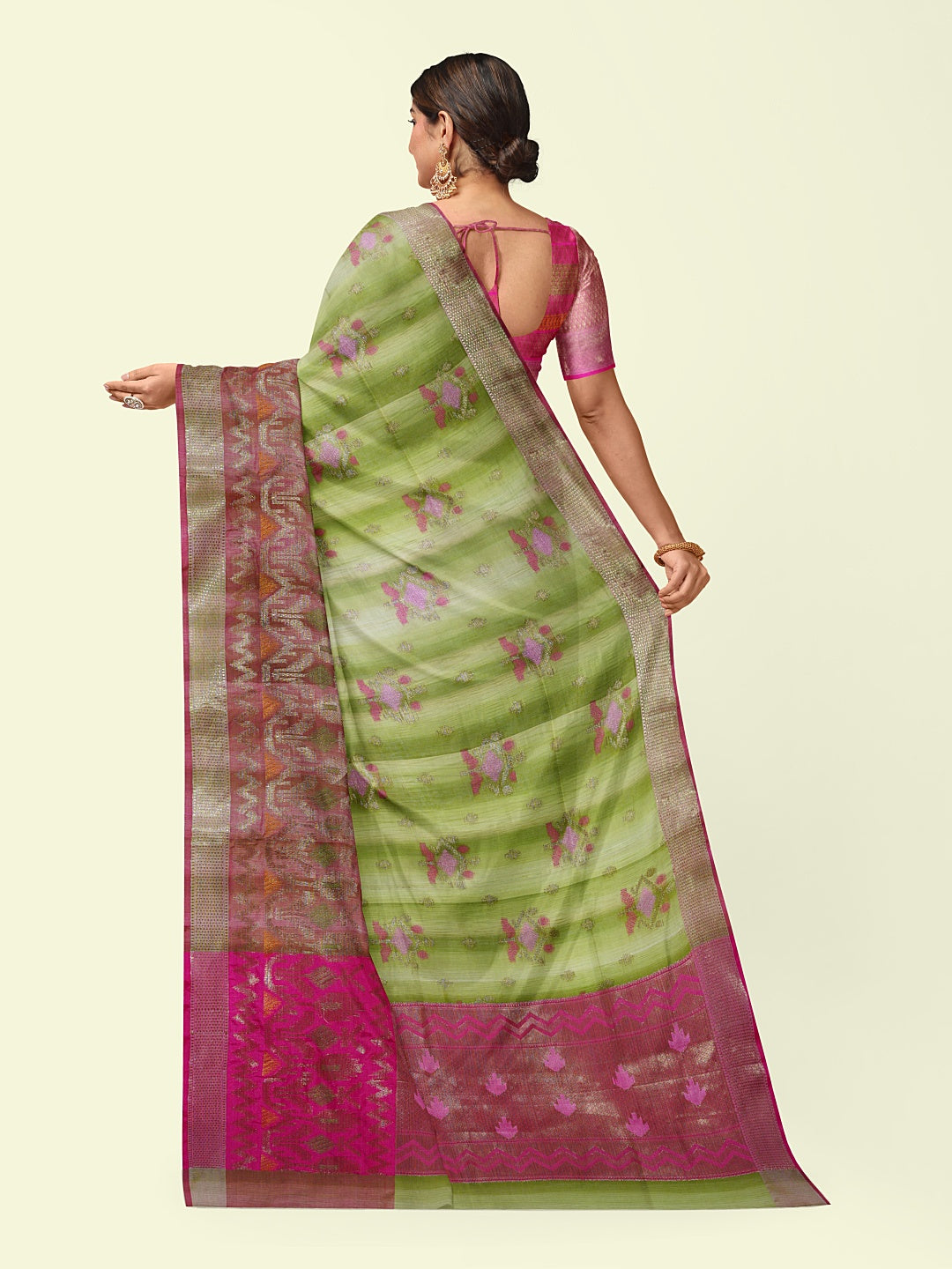 Faishana Presents Green Matka Silk Floral Boota Skirt Border With Pink Blouse Banarasi Saree