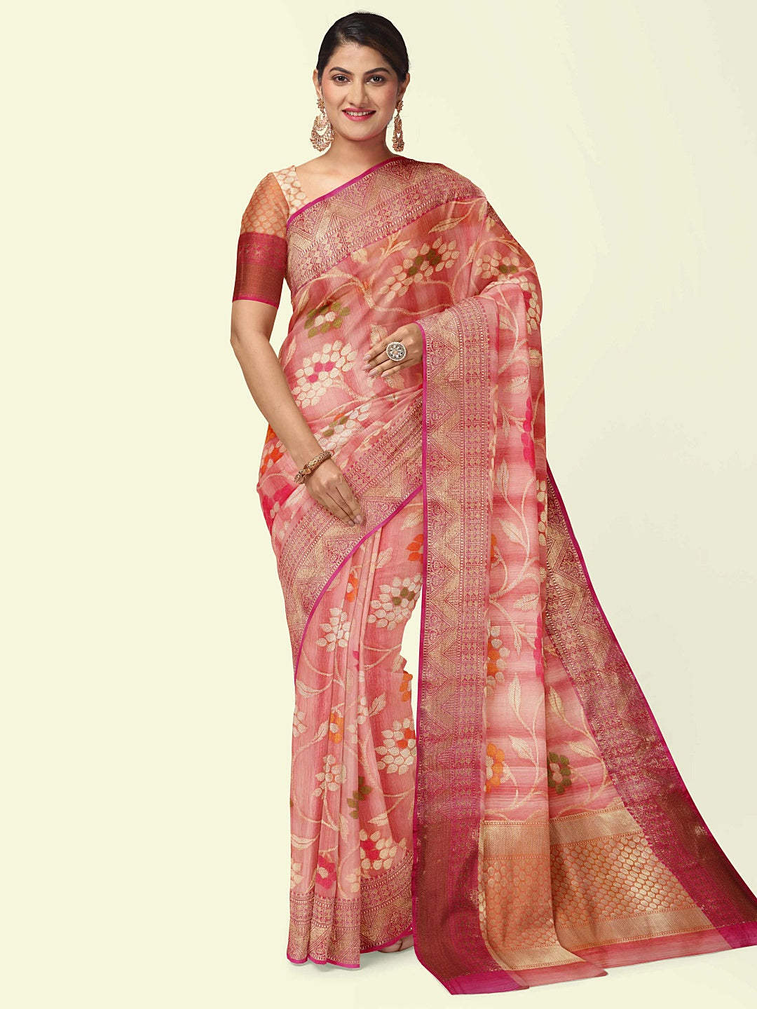 Faishana Presents Handwoven Pink Matka Silk Tilfi Jaal Skirt Border With Orange Blouse Banarasi Saree