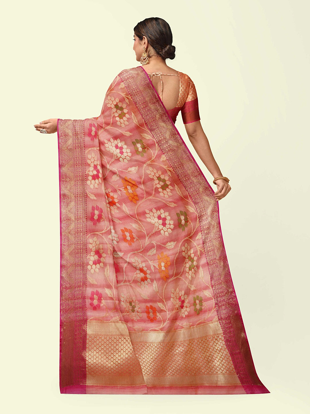 Faishana Presents Handwoven Pink Matka Silk Tilfi Jaal Skirt Border With Orange Blouse Banarasi Saree