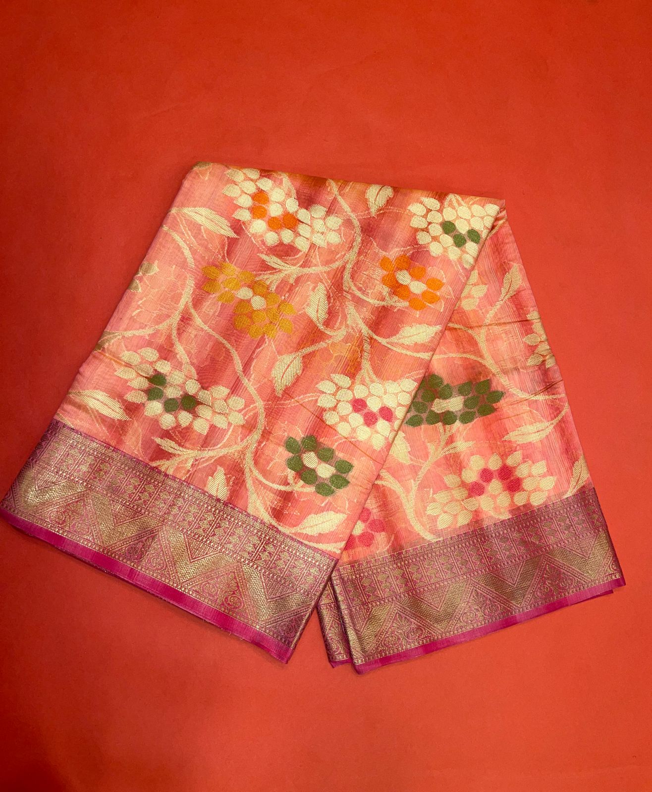 Faishana Presents Handwoven Pink Matka Silk Tilfi Jaal Skirt Border With Orange Blouse Banarasi Saree