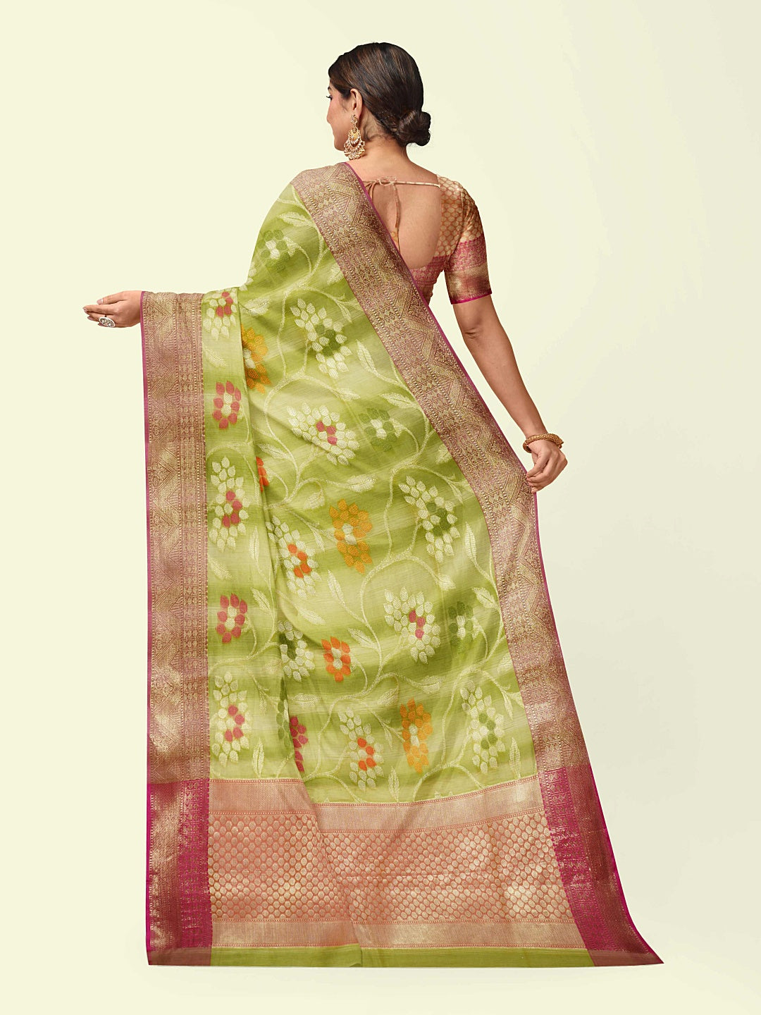 Faishana Presents Woven Pista Green Matka Silk Tilfi Jaal Zari Border With Orange Blouse Banarasi Saree