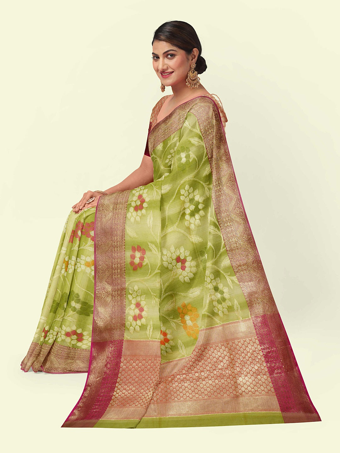 Faishana Presents Woven Pista Green Matka Silk Tilfi Jaal Zari Border With Orange Blouse Banarasi Saree
