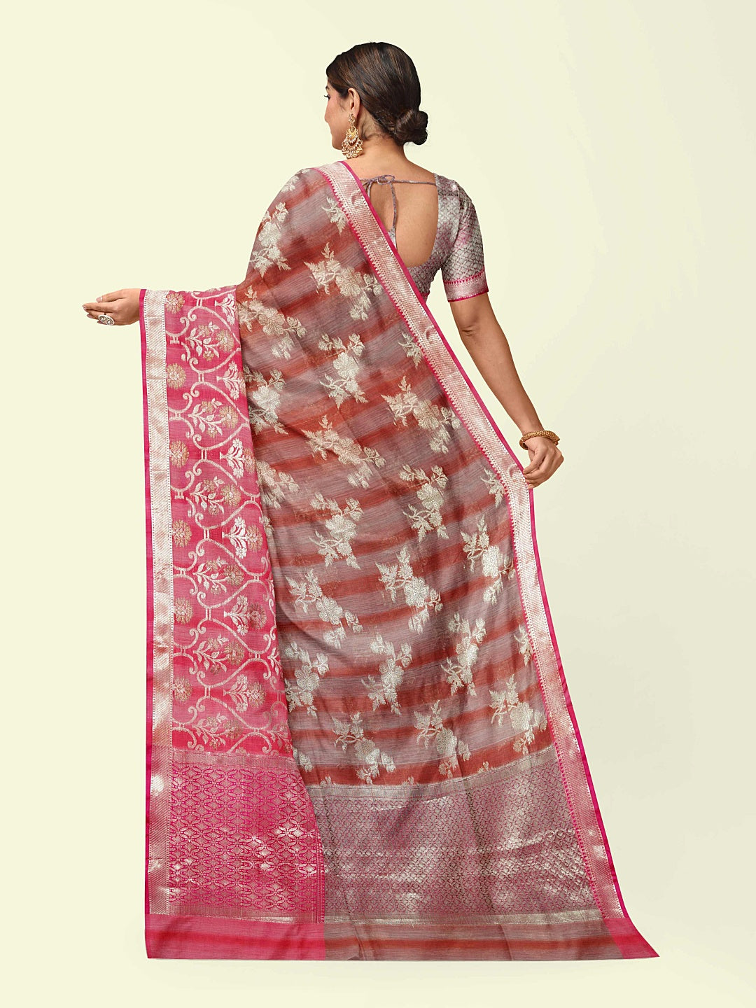 Faishana Presents Rust Matka Silk Floral Jaal Skirt Border With Pink Blouse Banarasi Saree