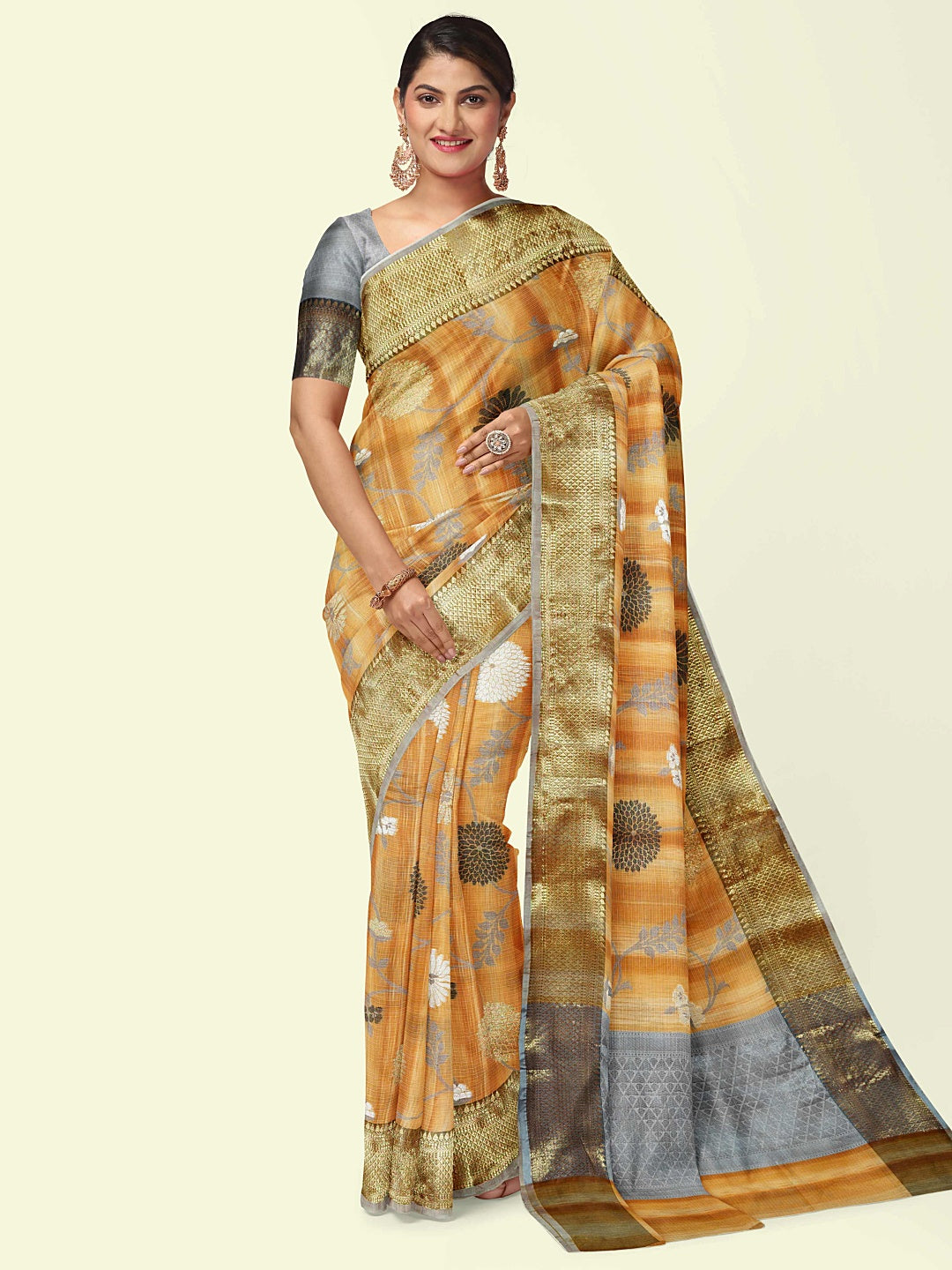 Faishana Presents Brown Matka Silk Boota Skirt Border With Grey Blouse Banarasi Saree