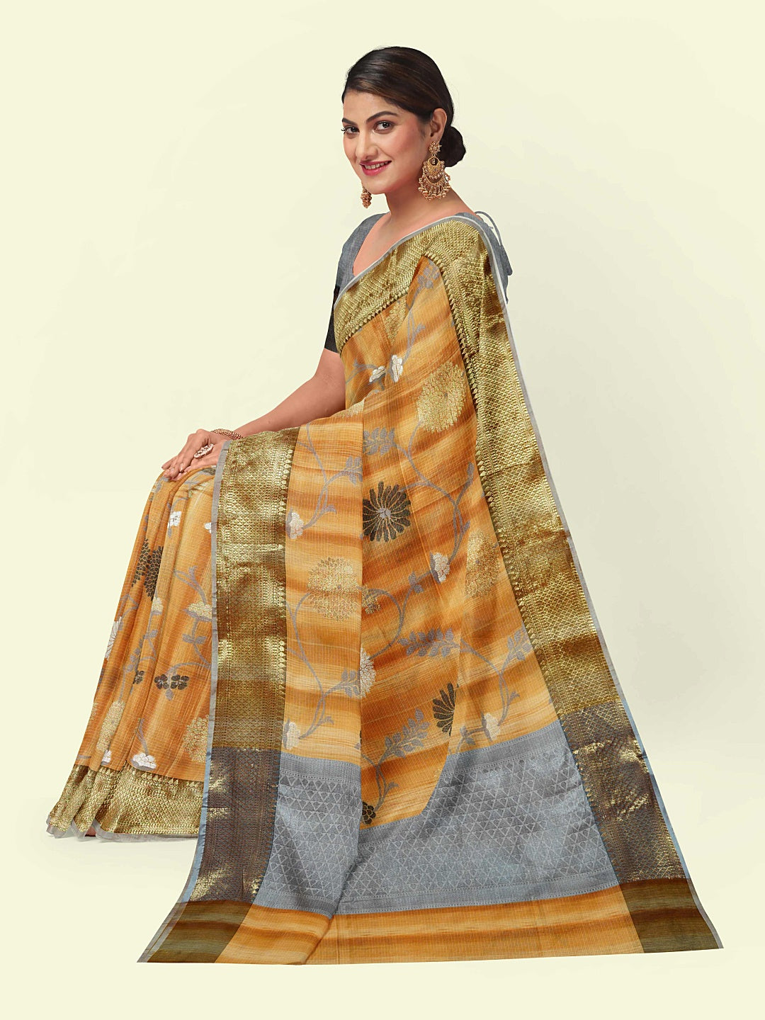 Faishana Presents Brown Matka Silk Boota Skirt Border With Grey Blouse Banarasi Saree