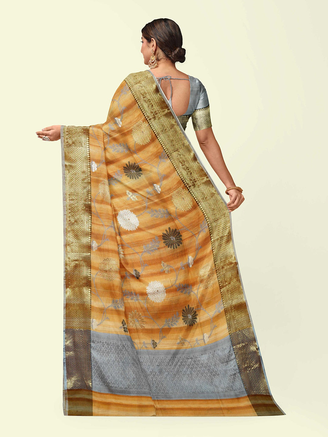 Faishana Presents Brown Matka Silk Boota Skirt Border With Grey Blouse Banarasi Saree