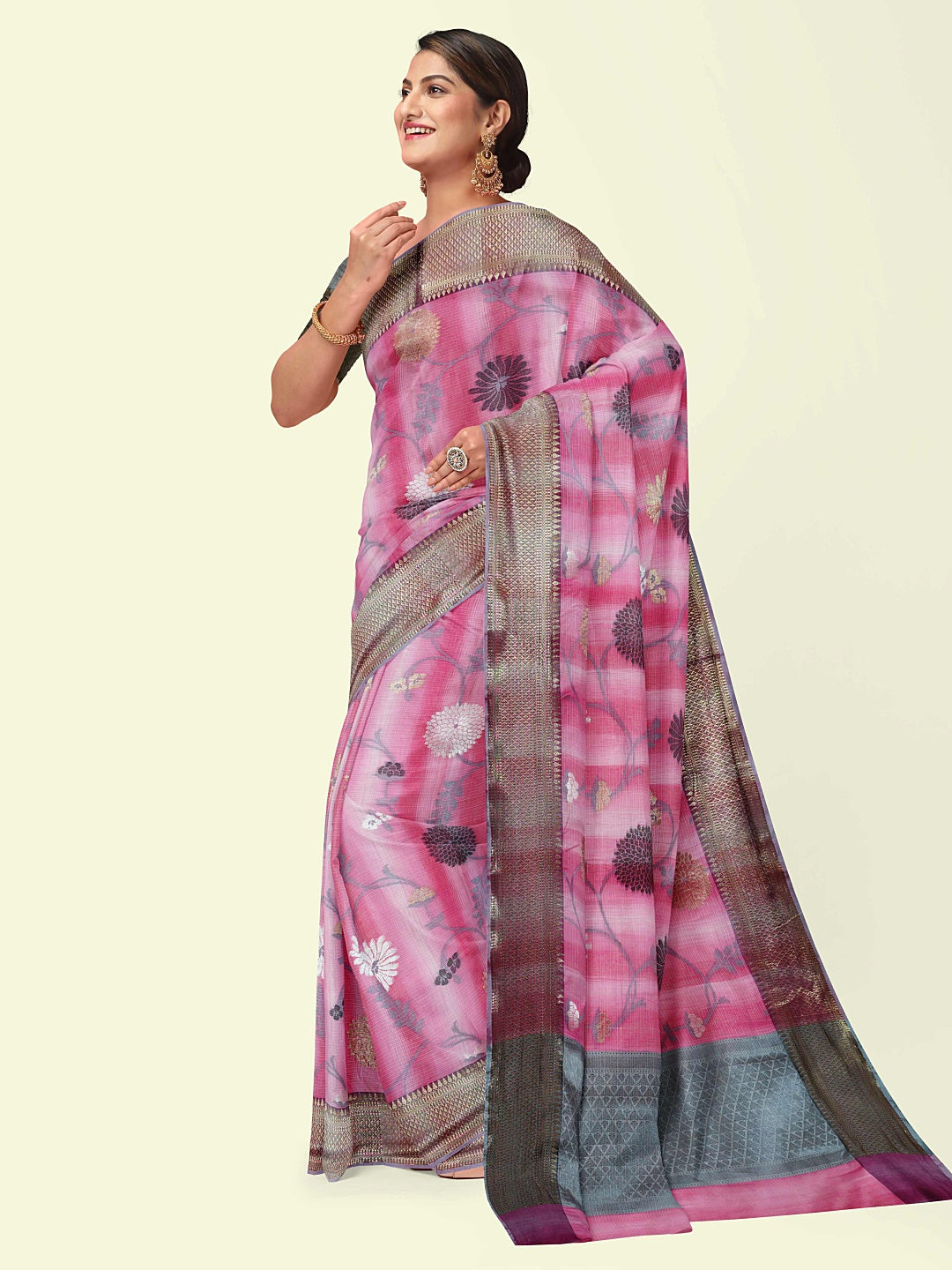 Faishana Presents Pink Matka Silk Boota Skirt Border With Grey Blouse Banarasi Saree