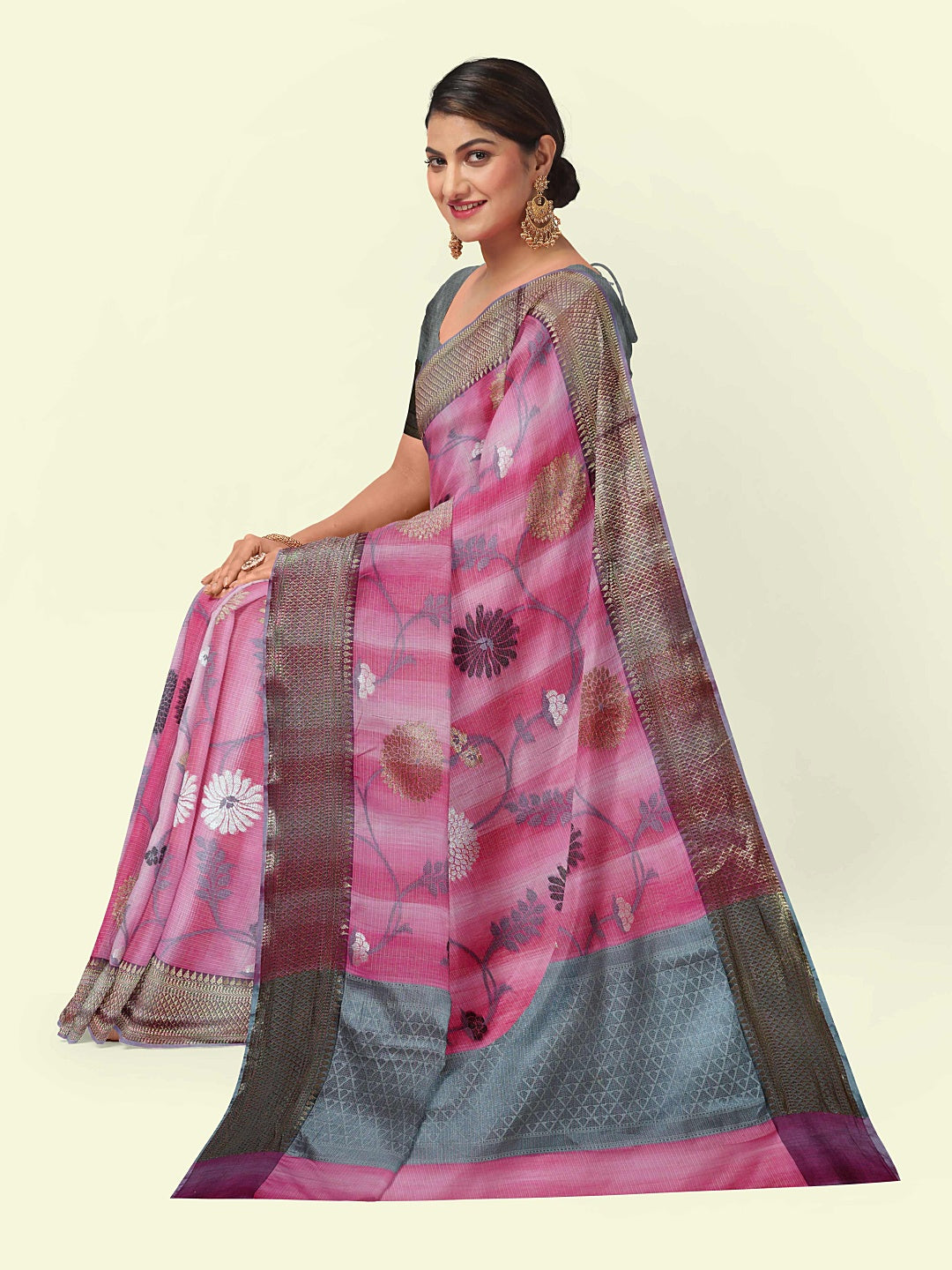 Faishana Presents Pink Matka Silk Boota Skirt Border With Grey Blouse Banarasi Saree