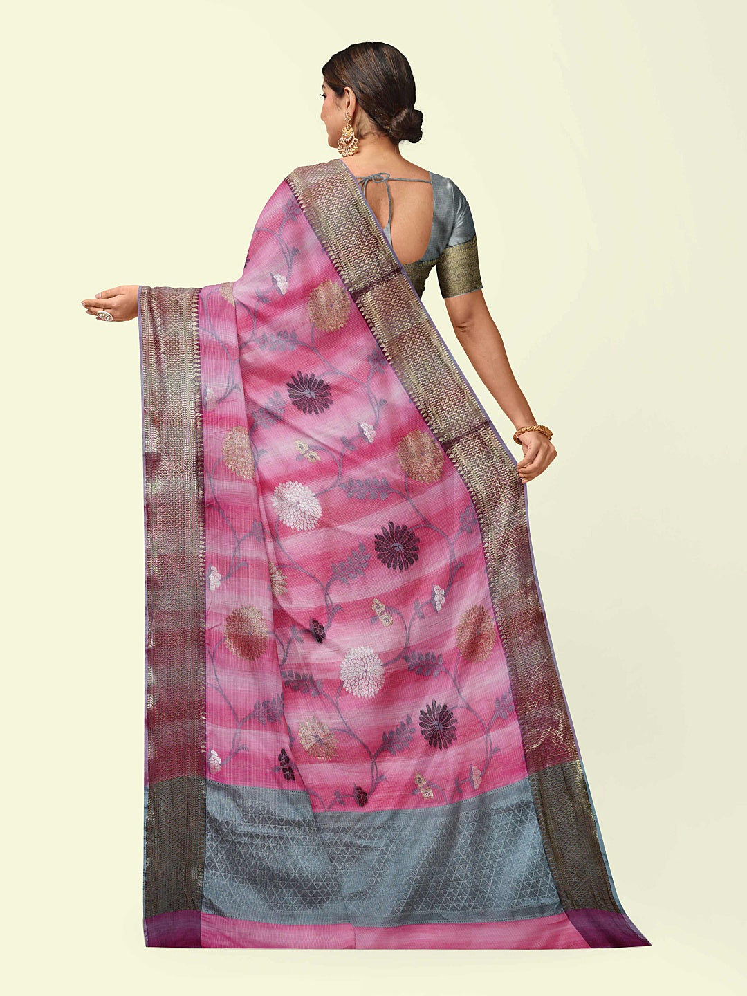 Faishana Presents Pink Matka Silk Boota Skirt Border With Grey Blouse Banarasi Saree