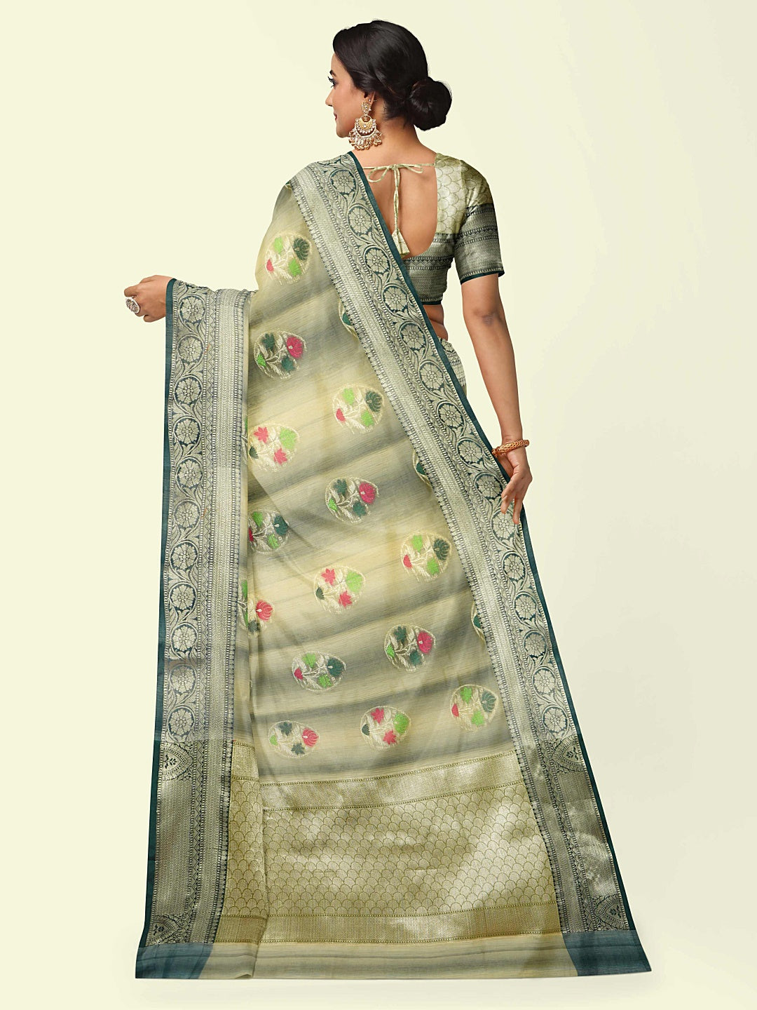 Faishana Presents Woven Grey Matka Silk Tilfi Boota Zari Border With Green Blouse Banarasi Saree