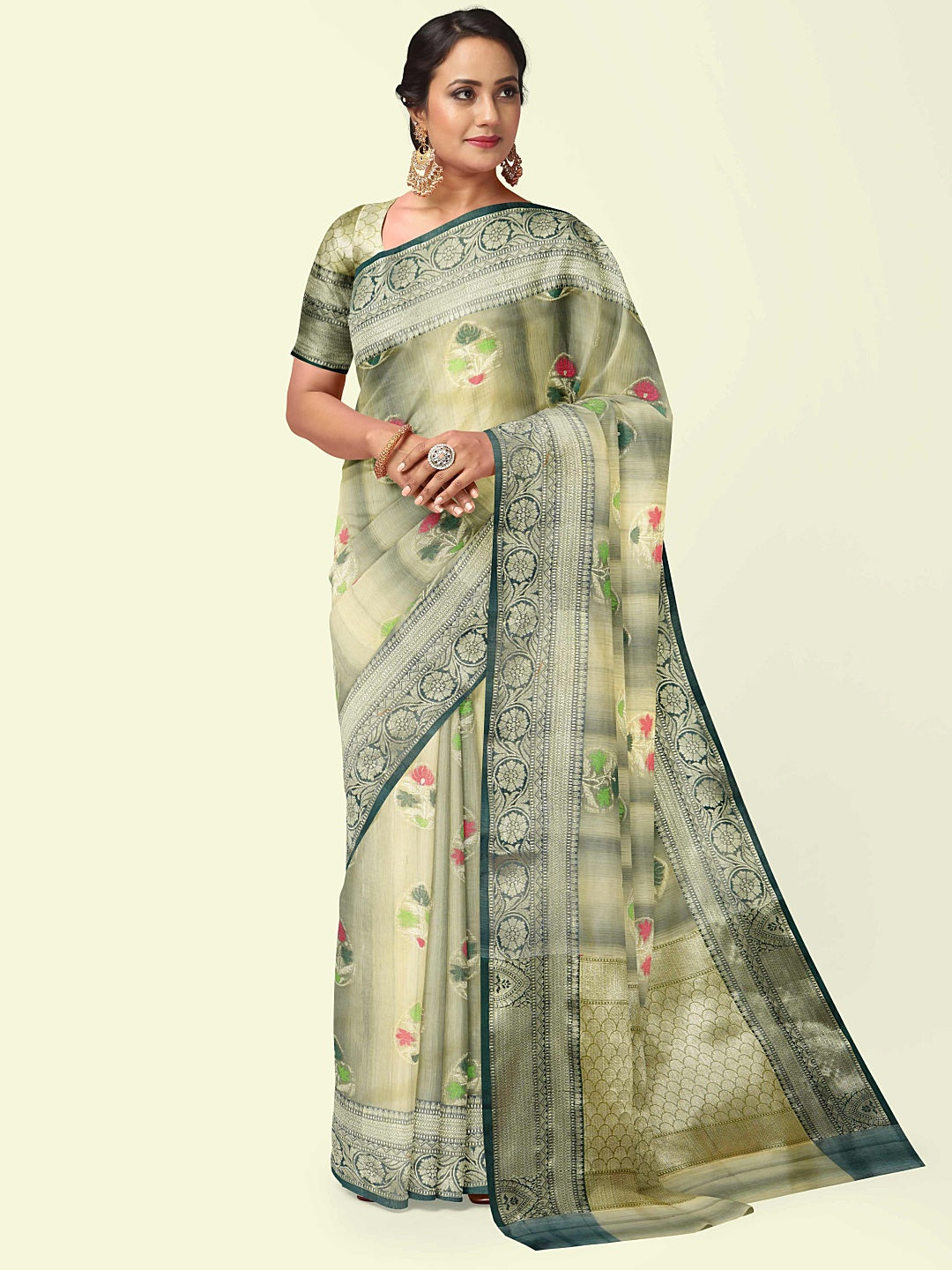 Faishana Presents Woven Grey Matka Silk Tilfi Boota Zari Border With Green Blouse Banarasi Saree