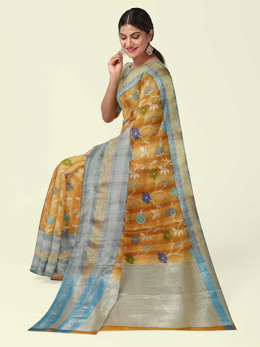 Faishana Presents Brown Matka Silk Tilfi Jaal Skirt Border With Grey Blouse Banarasi Saree