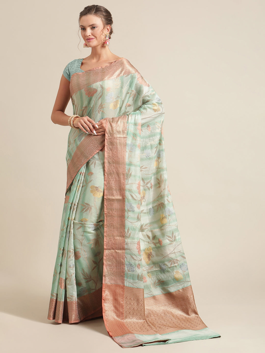 Faishana Presents Handwoven Seagreen Matka Silk Tilfi Jaal Zari Border With Brown Blouse Banarasi Saree