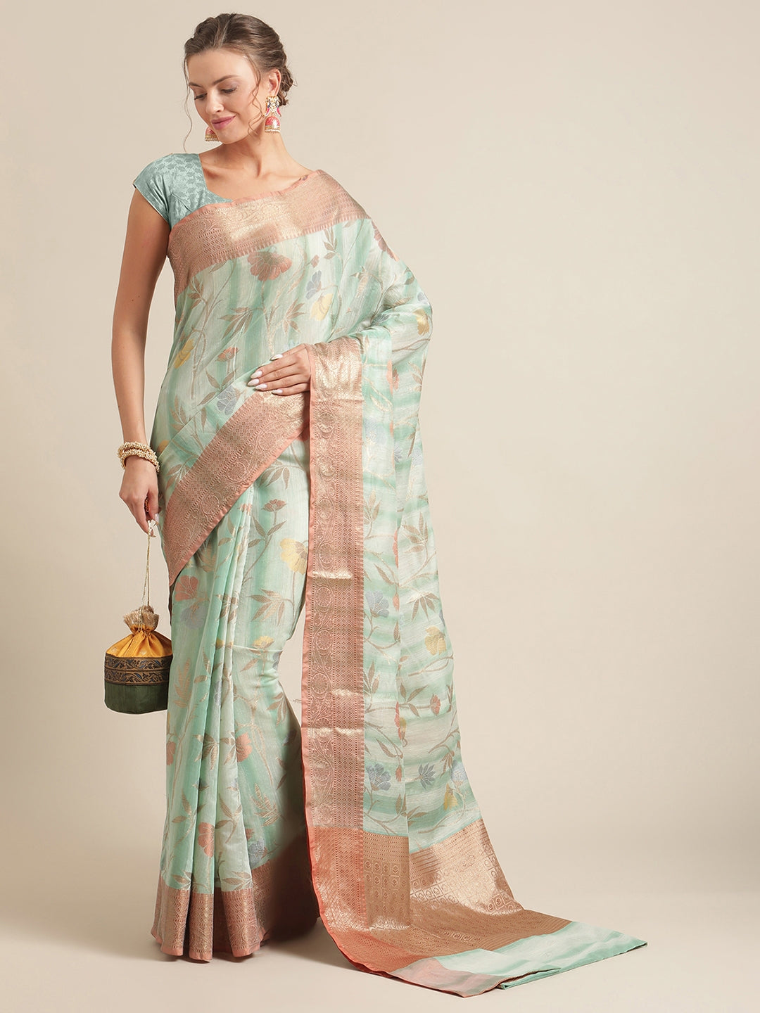 Faishana Presents Handwoven Seagreen Matka Silk Tilfi Jaal Zari Border With Brown Blouse Banarasi Saree
