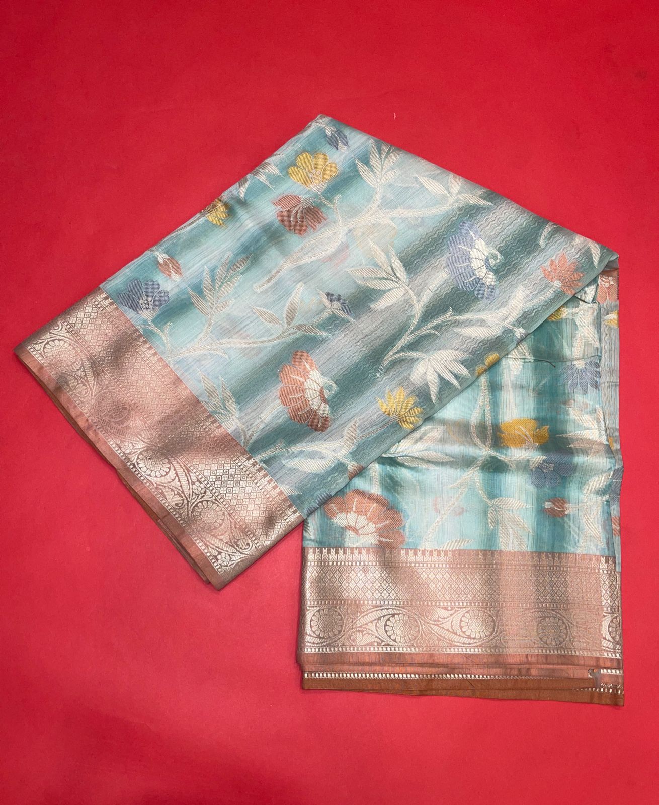 Faishana Presents Handwoven Seagreen Matka Silk Tilfi Jaal Zari Border With Brown Blouse Banarasi Saree