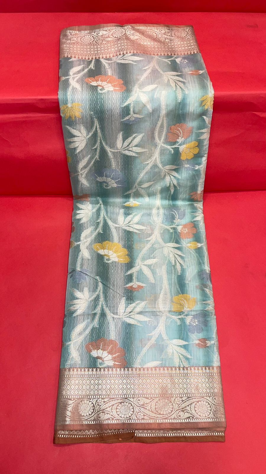 Faishana Presents Handwoven Seagreen Matka Silk Tilfi Jaal Zari Border With Brown Blouse Banarasi Saree
