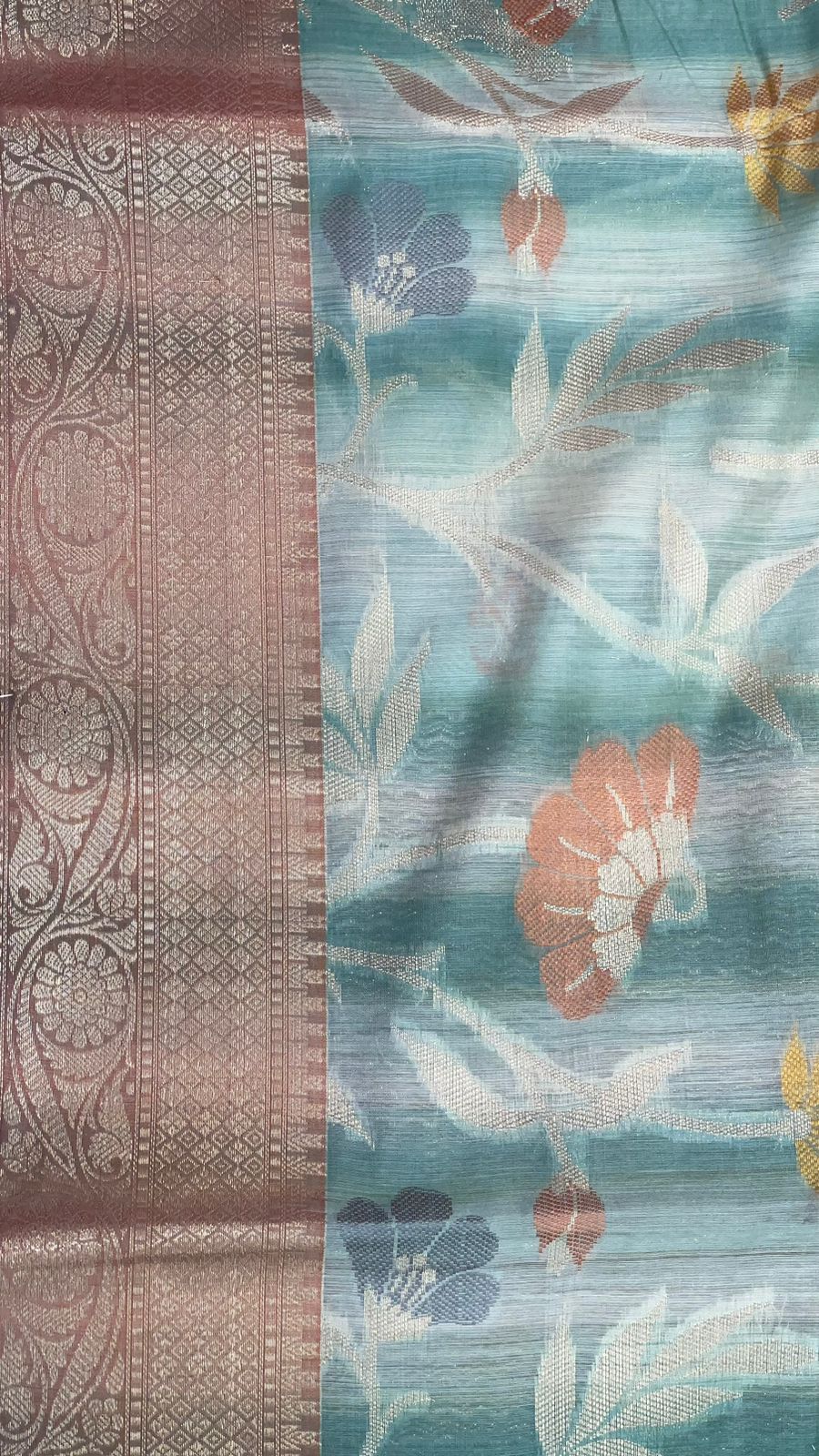 Faishana Presents Handwoven Seagreen Matka Silk Tilfi Jaal Zari Border With Brown Blouse Banarasi Saree