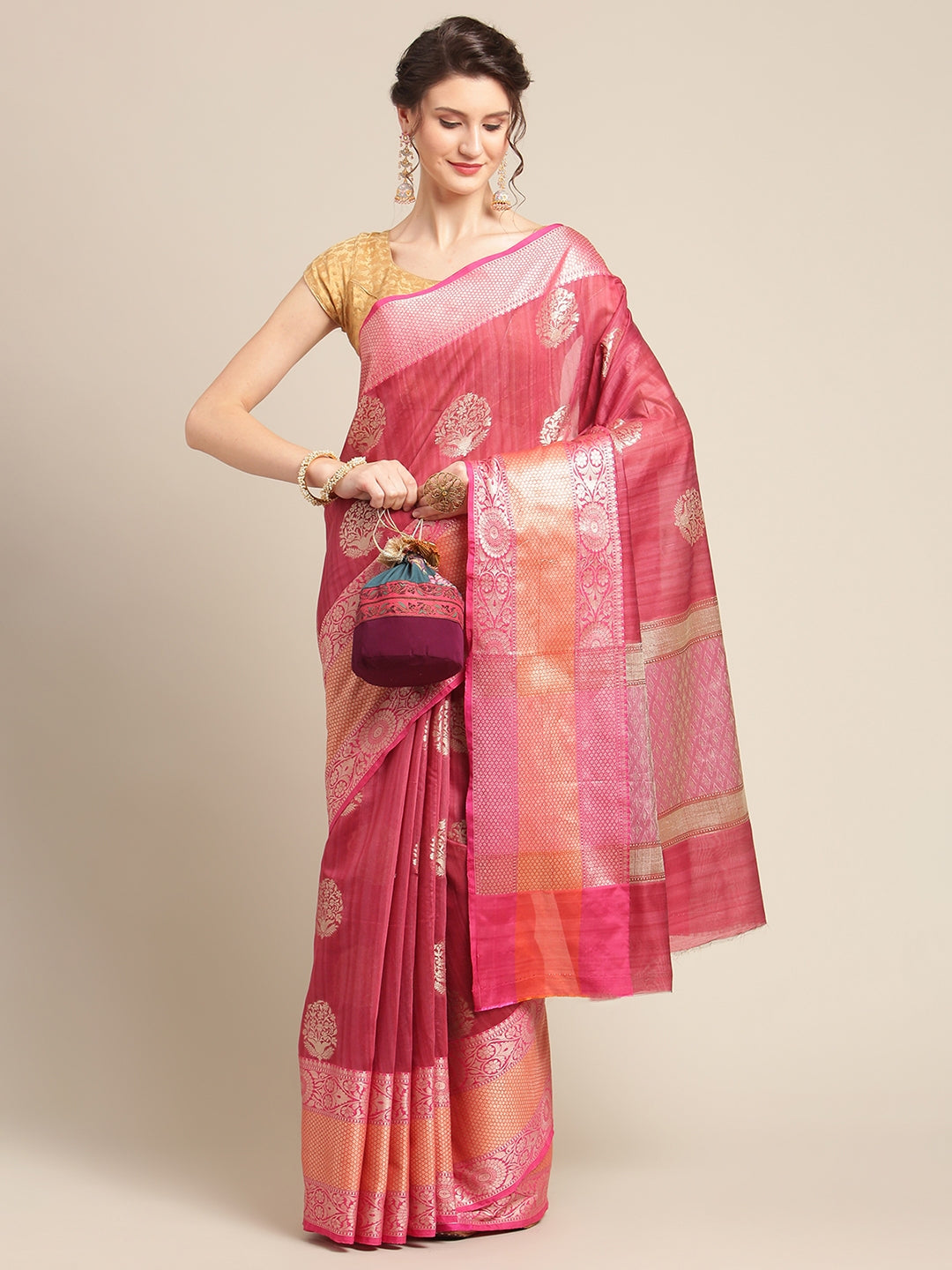 Pink Matka Silk Banarasi Sarees For Women GEMTKSLK_11