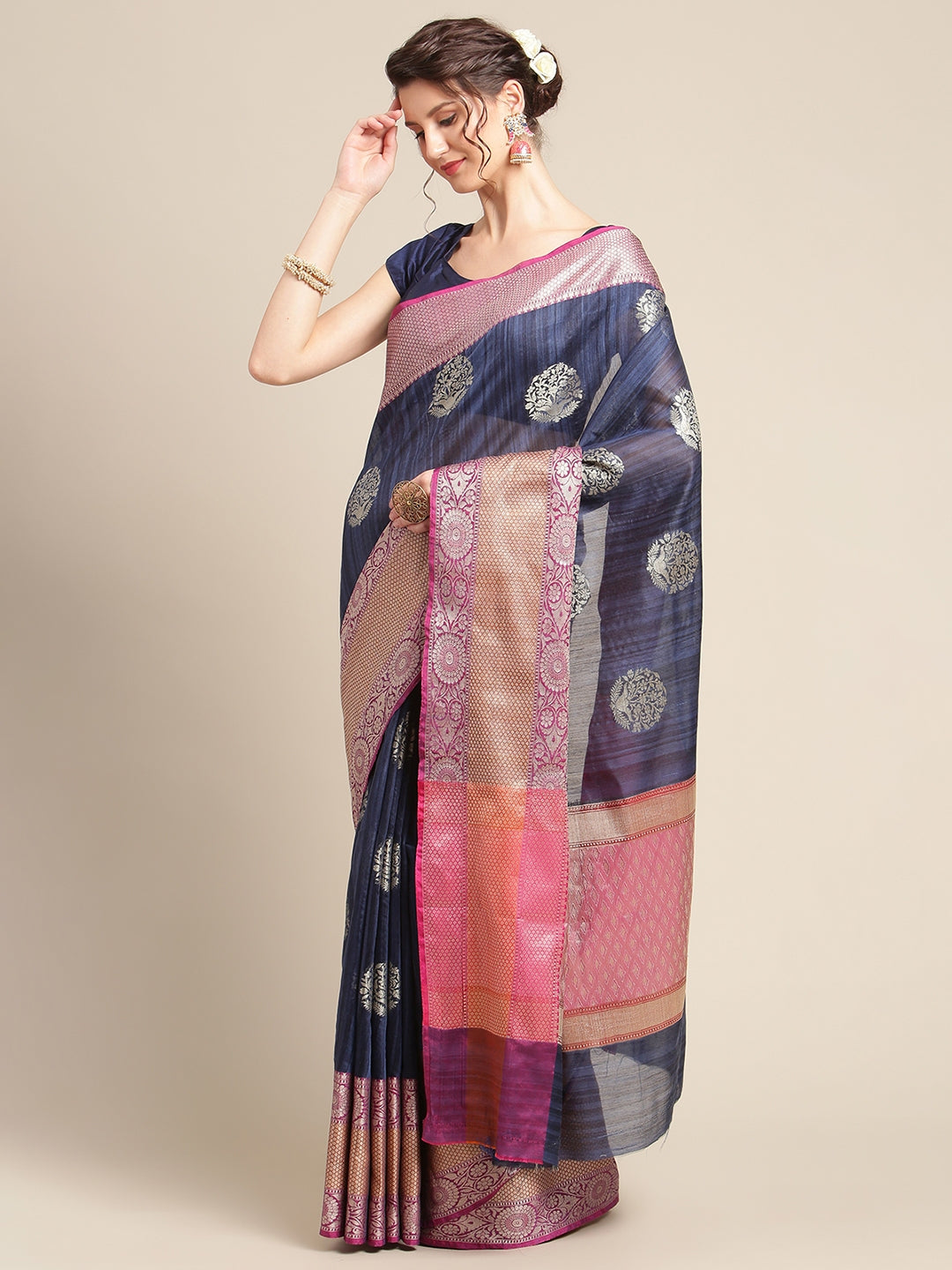 Faishana Presents Handwoven Blue Matka Silk Boota Skirt Border With Magenta Blouse Banarasi Saree