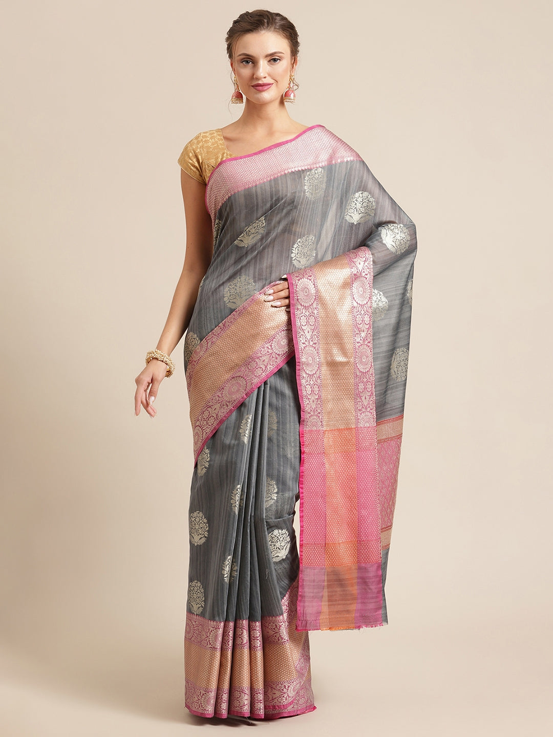 Faishana Presents Handwoven Grey Matka Silk Boota Skirt Border With Magenta Blouse Banarasi Saree
